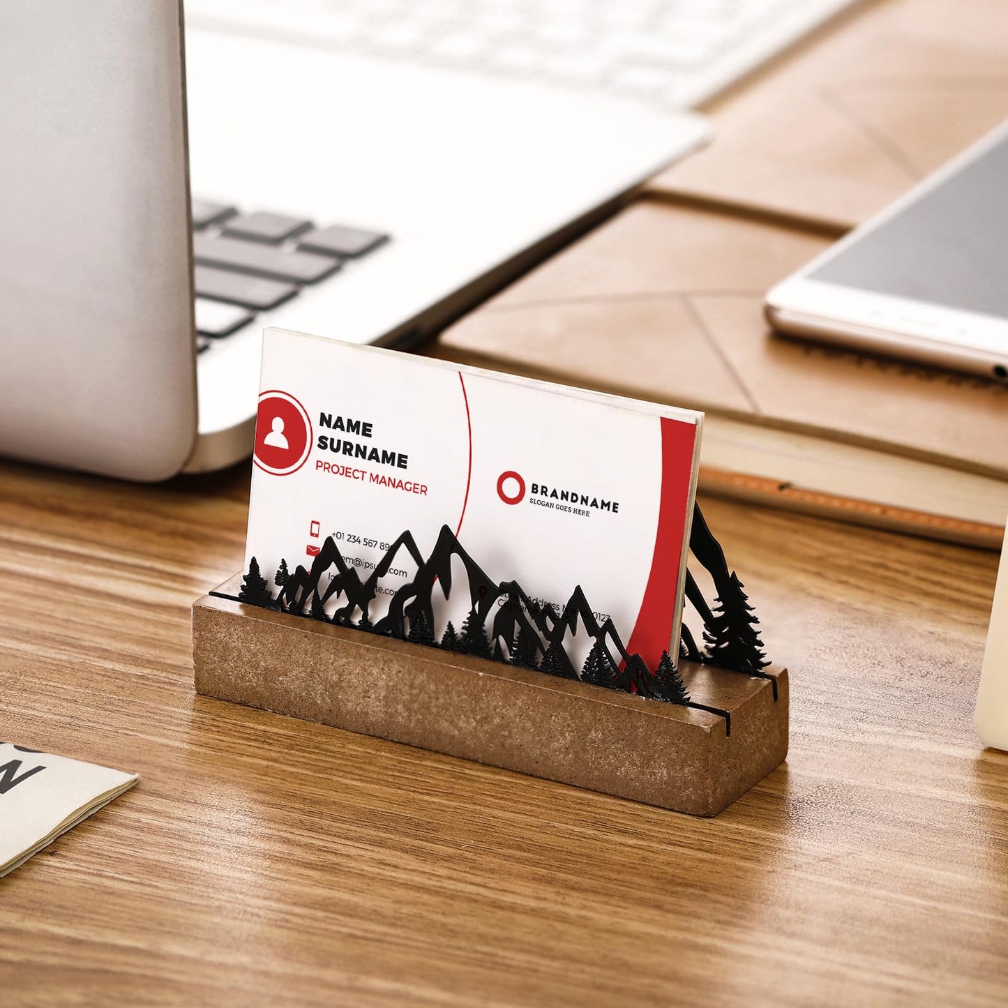 CroBlissful 2 Pcs Mountain Business Card Holders for Desk, Wood&Metal Black Mountain Range Forest Silhouette Business Card Display Stand for Home Office