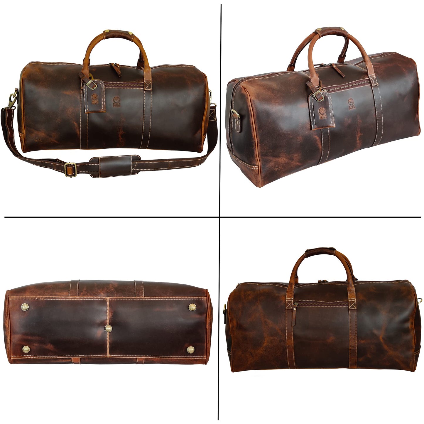 24" Leather Duffle Bag for Men and Women, Full Grain Leather Travel Overnight Weekender Sports Gym Carry On Duffel Bag by Rustic Town (Antique Brown)