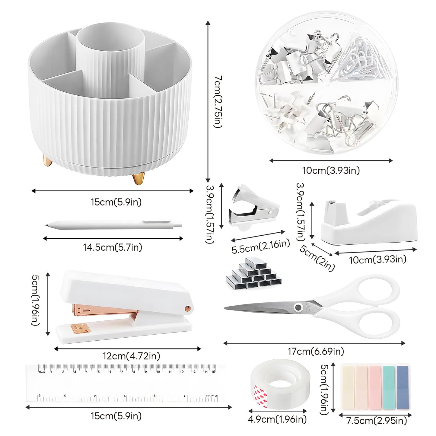11 Pcs White Desk Accessories, 360 Degree Rotating Pen Holder Set with Stapler Set, Tape Dispenser Set, Scissor, Paper Clips Kit, Pen, Ruler & Sticky Tabs for Office School Home (White)