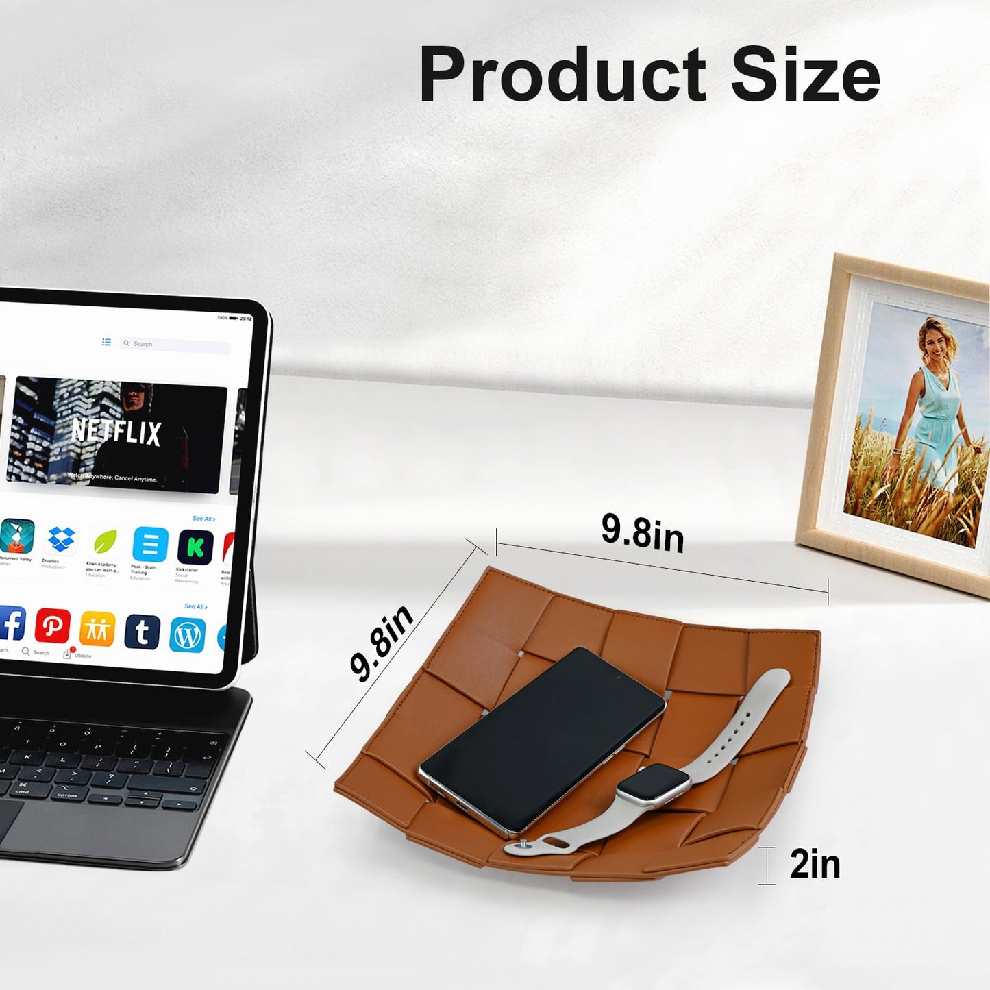 Valet Tray PU Leather Key Holder Bowl for Men and Women Entryway Table Nightstand Catchall Storage Organizer EDC Dump Tray for Wallet, Keys, Coins Men's Gift - Brown, 9.8" L x 9.8" W x 2" H