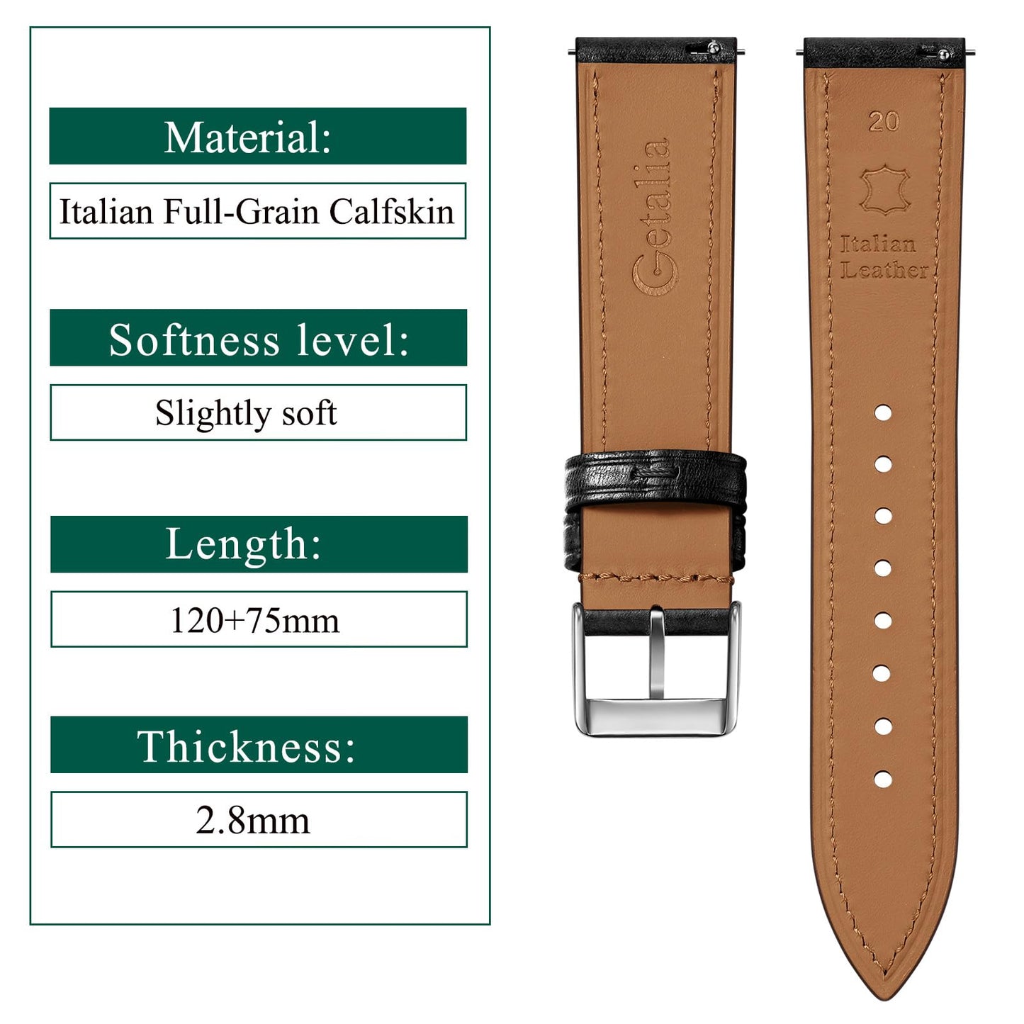 Getalia Italian leather Watch Band Tuscany Natural Vegetable-Tanned Full Grain Genuine Leather, Skin-Safe, Quick Release Replacement Watch Straps for Men and Women Thin and Soft (Black：Width-20mm)