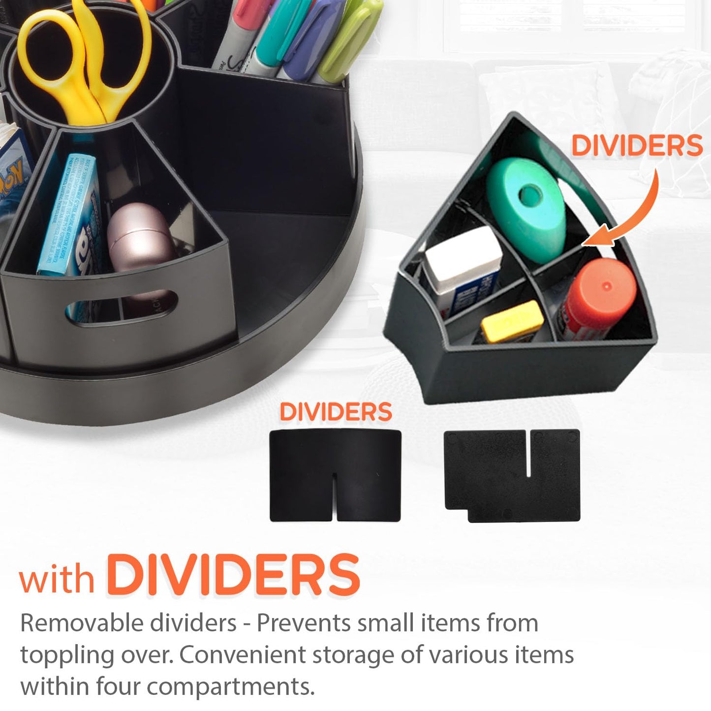 PUZZLE EZ Black Rotating Desk Organizer Lazy Susan Caddies for Home School Office Supplies, Pens, Markers and Art Supplies for Classroom