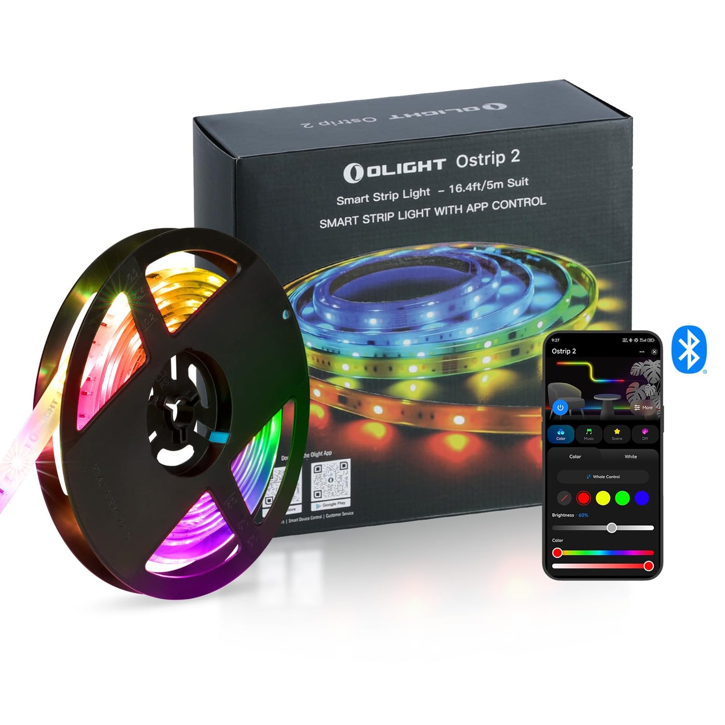 OLIGHT Ostrip 2 RGBIC LED Strip Light 16.4ft, DC24V 2700K-6500K, 0.25m Unit Cuttable, IP65, 5M Adhesive, Smart APP+Alexa, Music Sync, 44 Scene, ETL, High CRI, Plug & Play for Bedroom/Gaming/TV