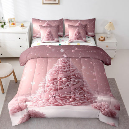 Manfei Pink Xmas Tree 7 Pieces Comforter Set Full,Kawaii Bowknot Snowflake Bedding Set for Bedroom Decor,Merry Christmas（Comforter+Fitted+Flat Sheet+2 Pillowcases+2 Throw Pillow Covers）