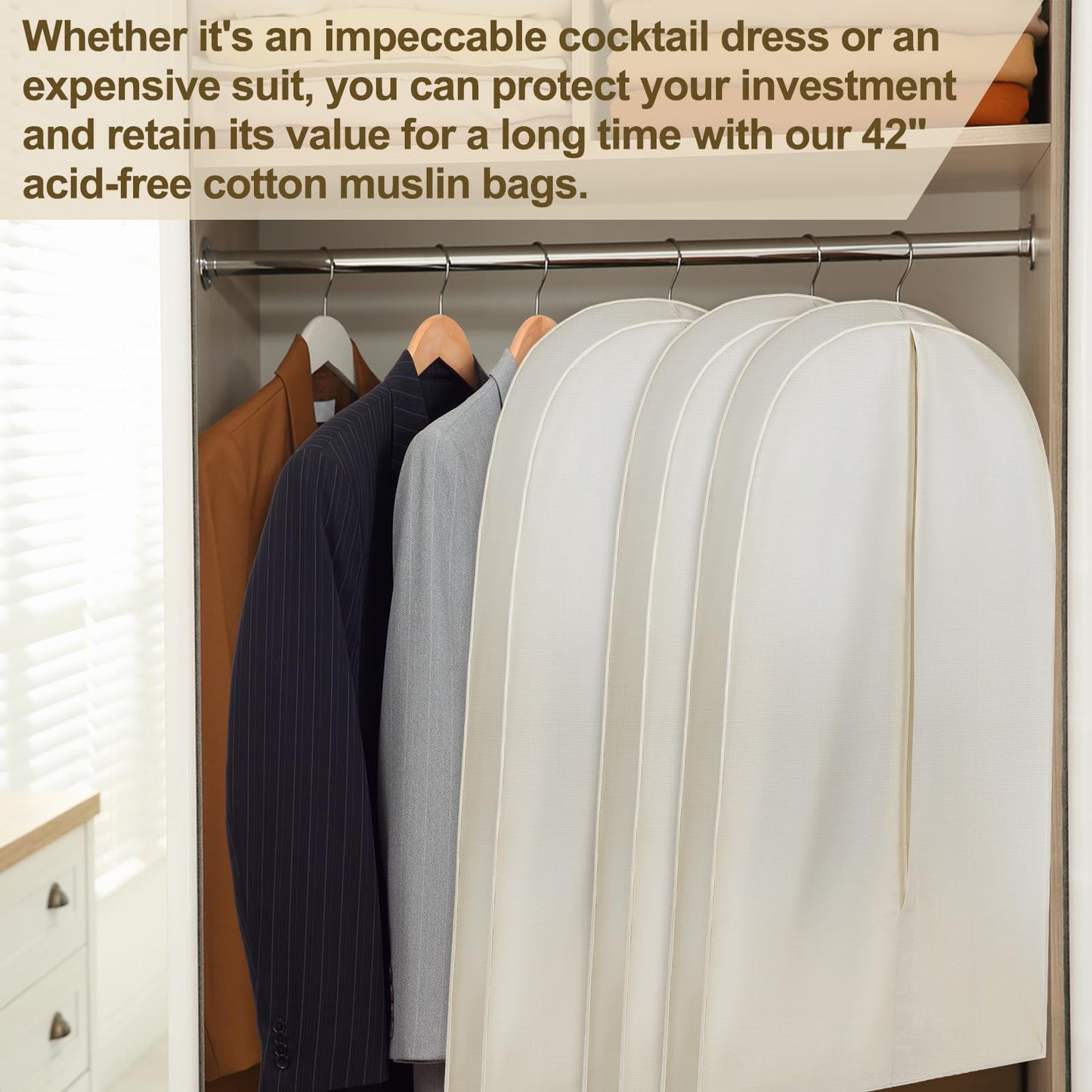 GliCraft 42 Inch Acid Free Cotton Muslin Suit Garment Bag Long Dress Suit Storage Box Closet Organizer for Suits, Coats, Travel Bag