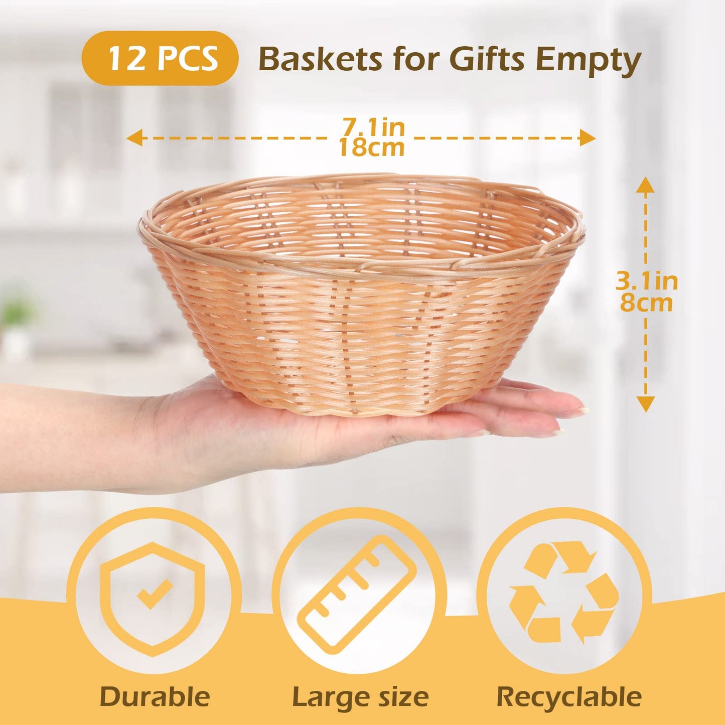 Zopeal 12 Pcs 7'' Woven Bread Baskets Bulk Plastic Round Woven Small Baskets for Gifts Empty Bread Serving for Food Fruit Easter Kitchen Restaurant Centerpiece Display Christmas