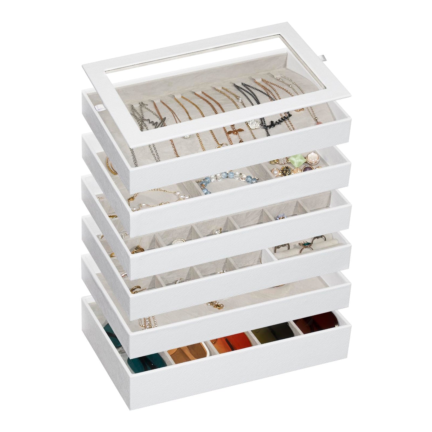 GLOBAL KA Stackable Jewelry Organizer Trays with Glass Lid,Jewelry Tray for Drawer Insert,Jewelry Display Case for Earring Necklace Ring Watch Bracelet,White PU Leather Gray Velvet Lining,6 Layers