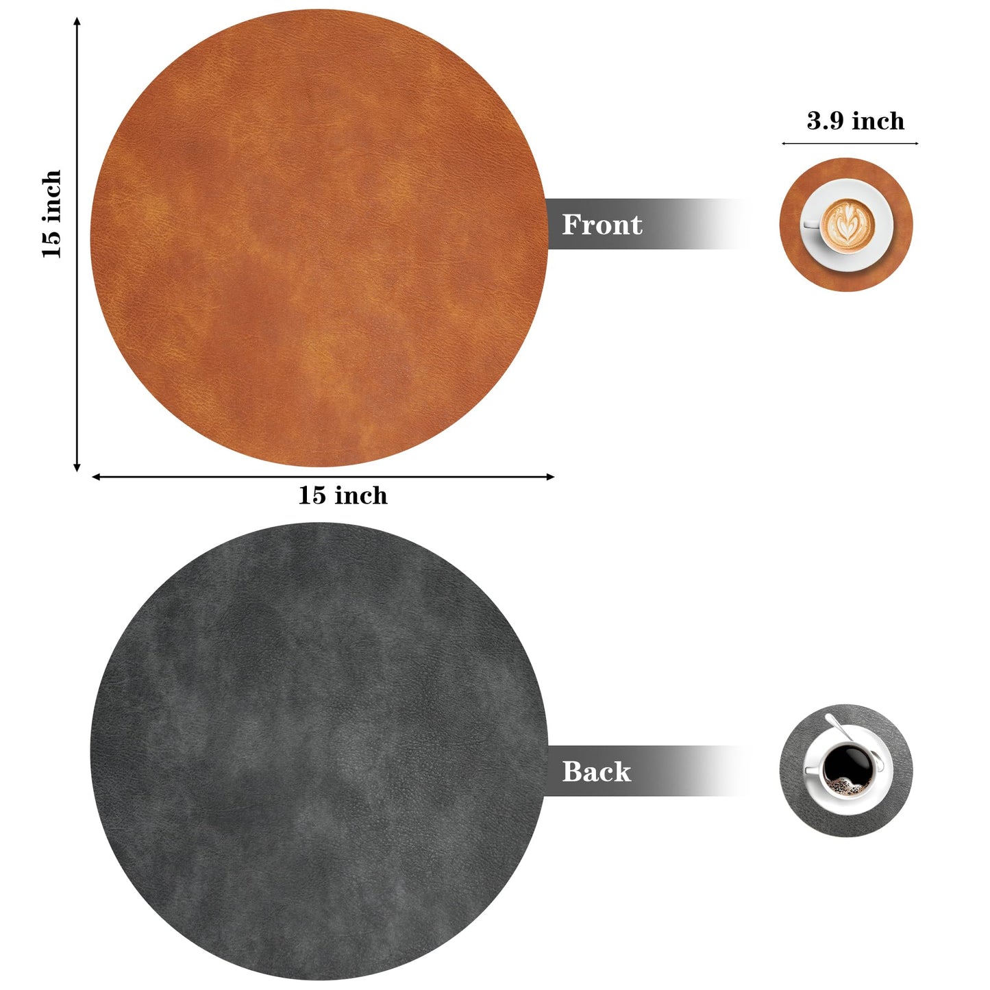 Pixieora Round Placemats and Coasters Set of 8, Washable Reversible Faux Leather Placemats Cowhide Pattern Place Mats Wipeable Non-Slip 15 inch Round Kitchen Dining Table Mats (Gray Brown, 8)