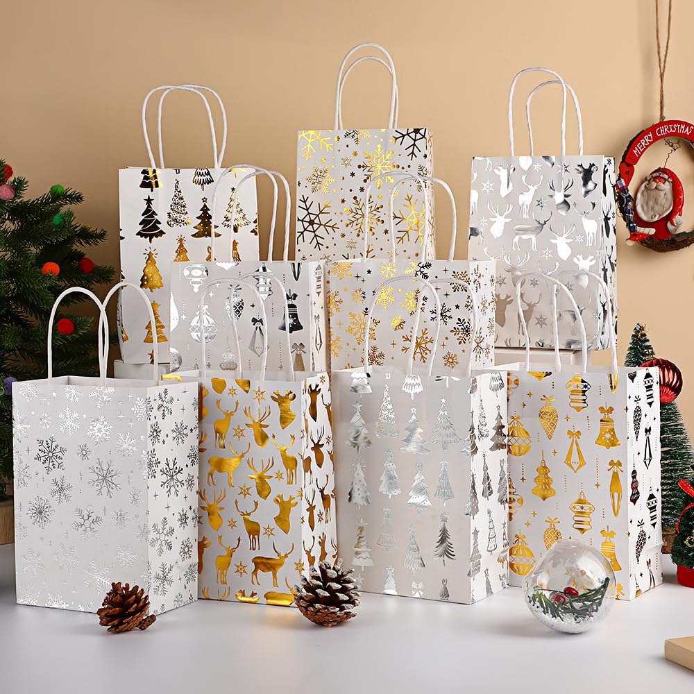 CMSSHUAI 8 PCS Small Christmas Gift Bags With Handle and Tissue,8 Designs christmas Paper Bags, Goody Bags,Christmas Treat Bags for Holiday Presents Candies Cookie Snacks