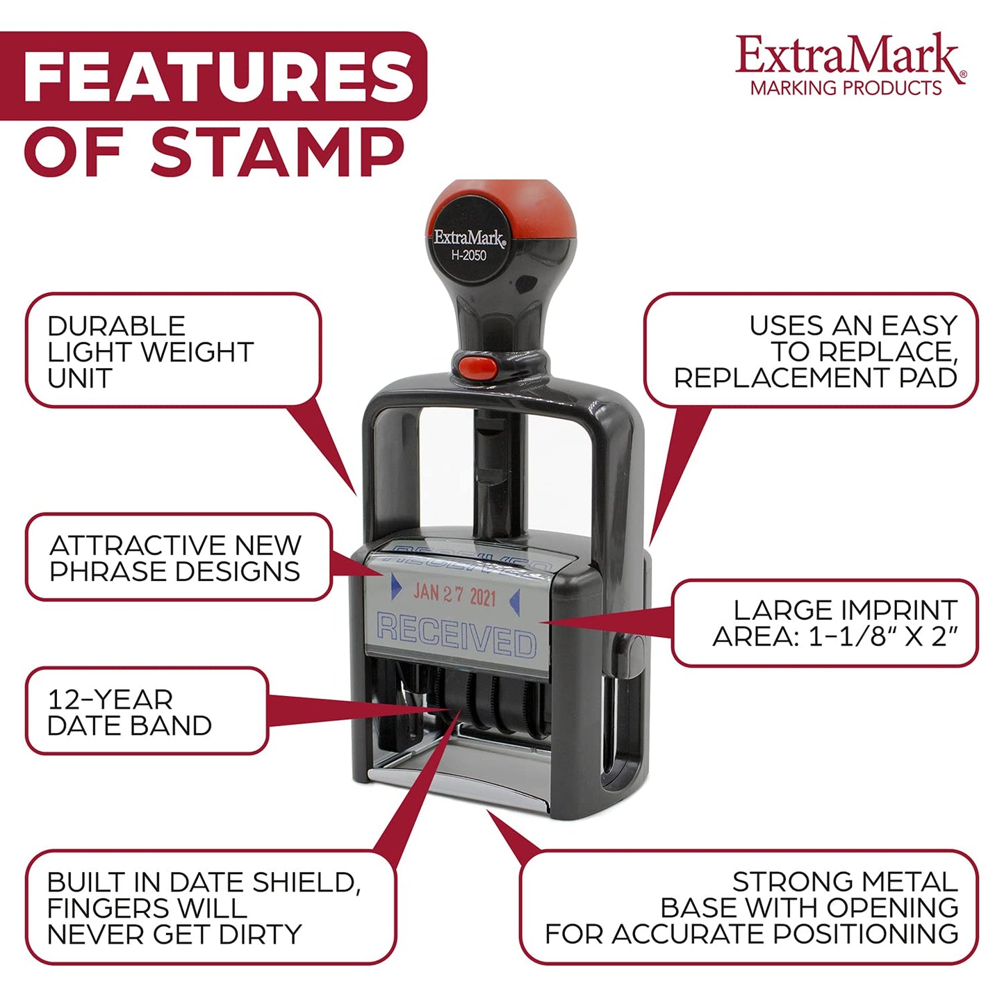 Heavy Duty Style Office Date Stamp with Received - Self Inking Dater - Style C - Blue & Red Ink Color