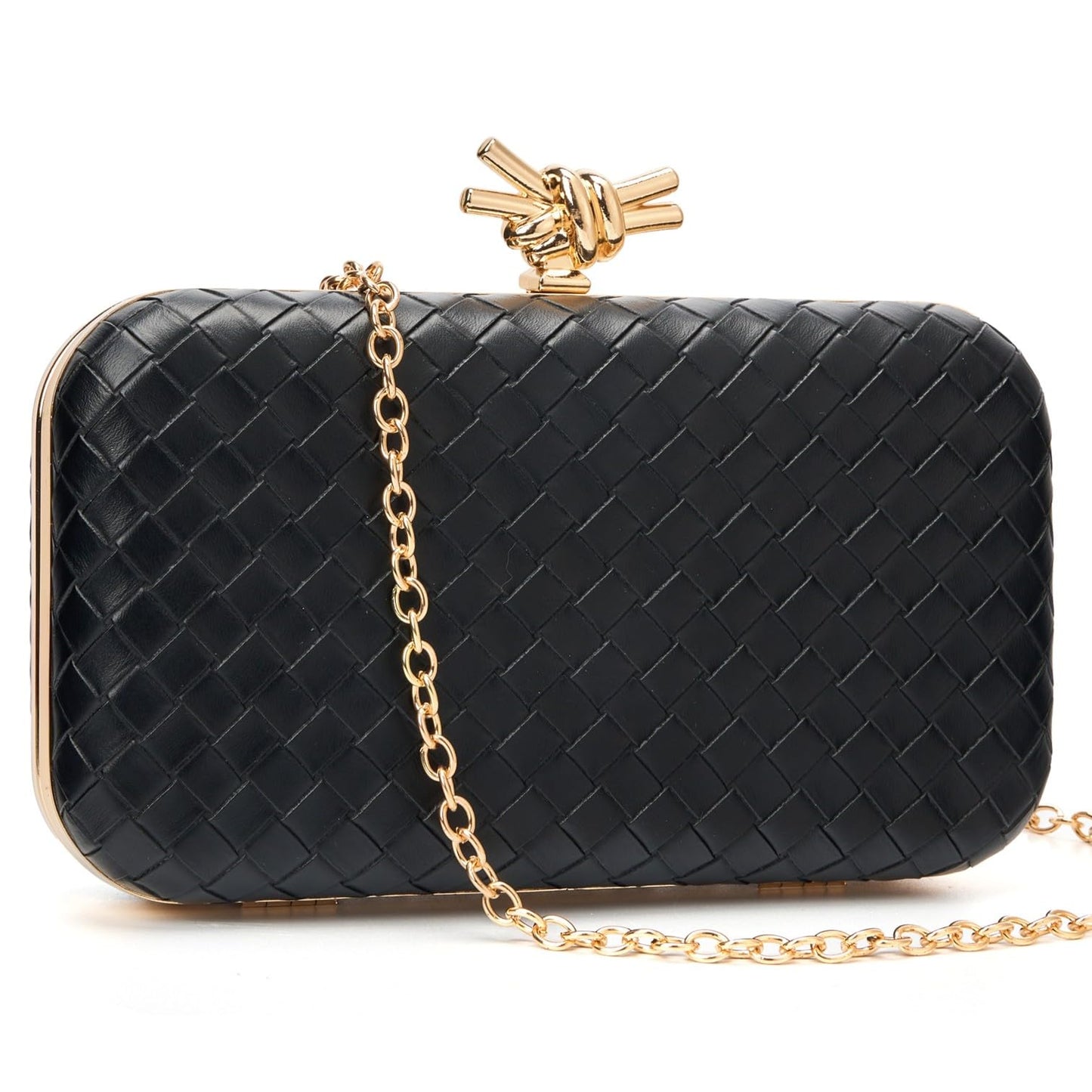 Gurina Elegant Woven PU Leather Clutch Purse for Women - Formal Evening Bags with Detachable Chain, for Weddings & Cocktail Parties (ZOOI Black)