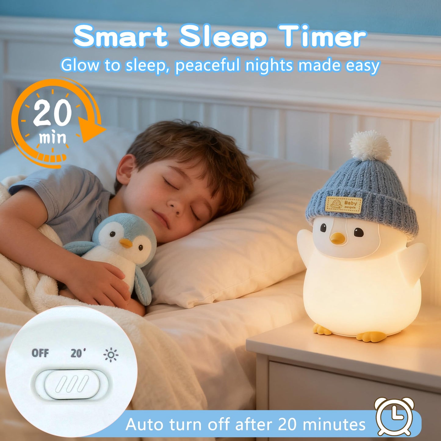FAMIDUO Penguin Night Light for Kids, Adorable Penguin Lamp with Hat, Food Grade Silicone Nursery Nightlight, Rechargeable/Dimmable/Timer,LED Squishy Novelty Animal Bedside Lamp,Funny Gifts for Boys