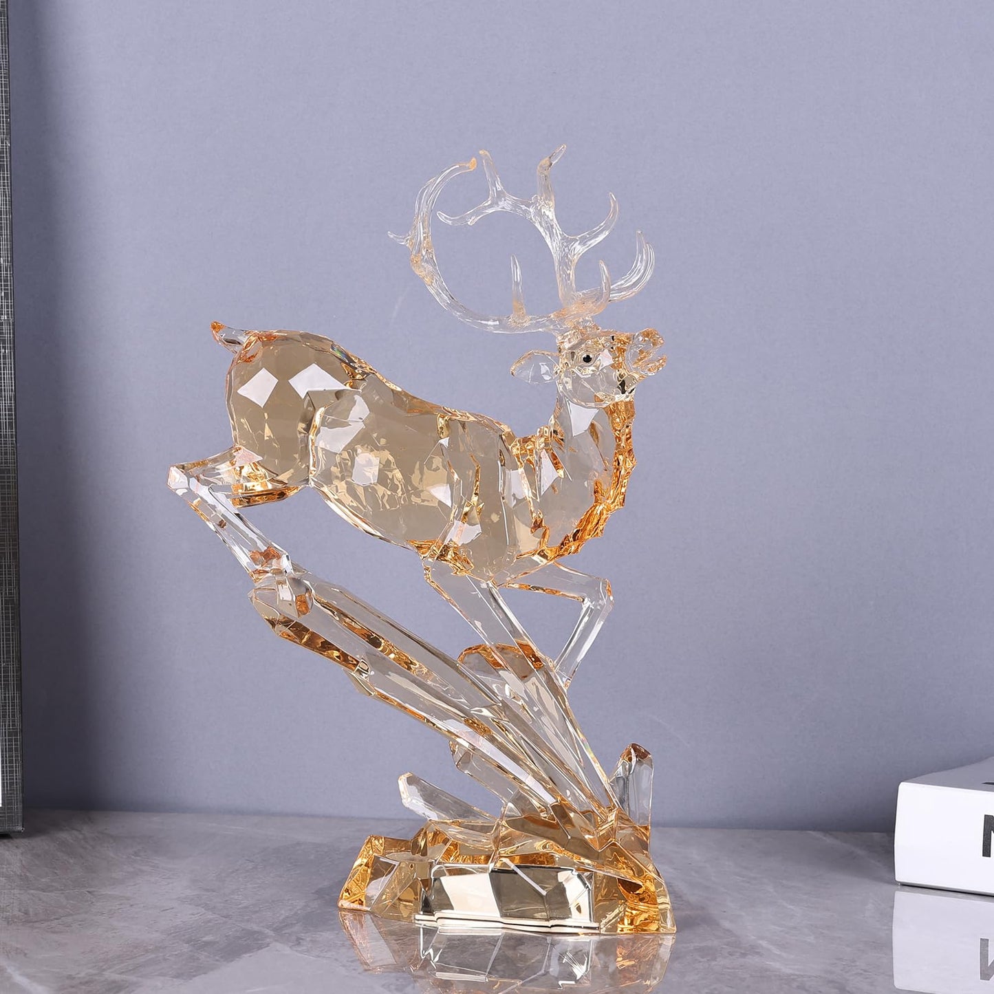 Luxury Acrylic Reindeer Figurine with LED Light for Christmas Decor, Elegant Transparent Crystal-Like Deer Sculpture for Table Shelf Mantel, Reindeer Ornament Holiday Centerpiece (Gold Jumping 11.8")