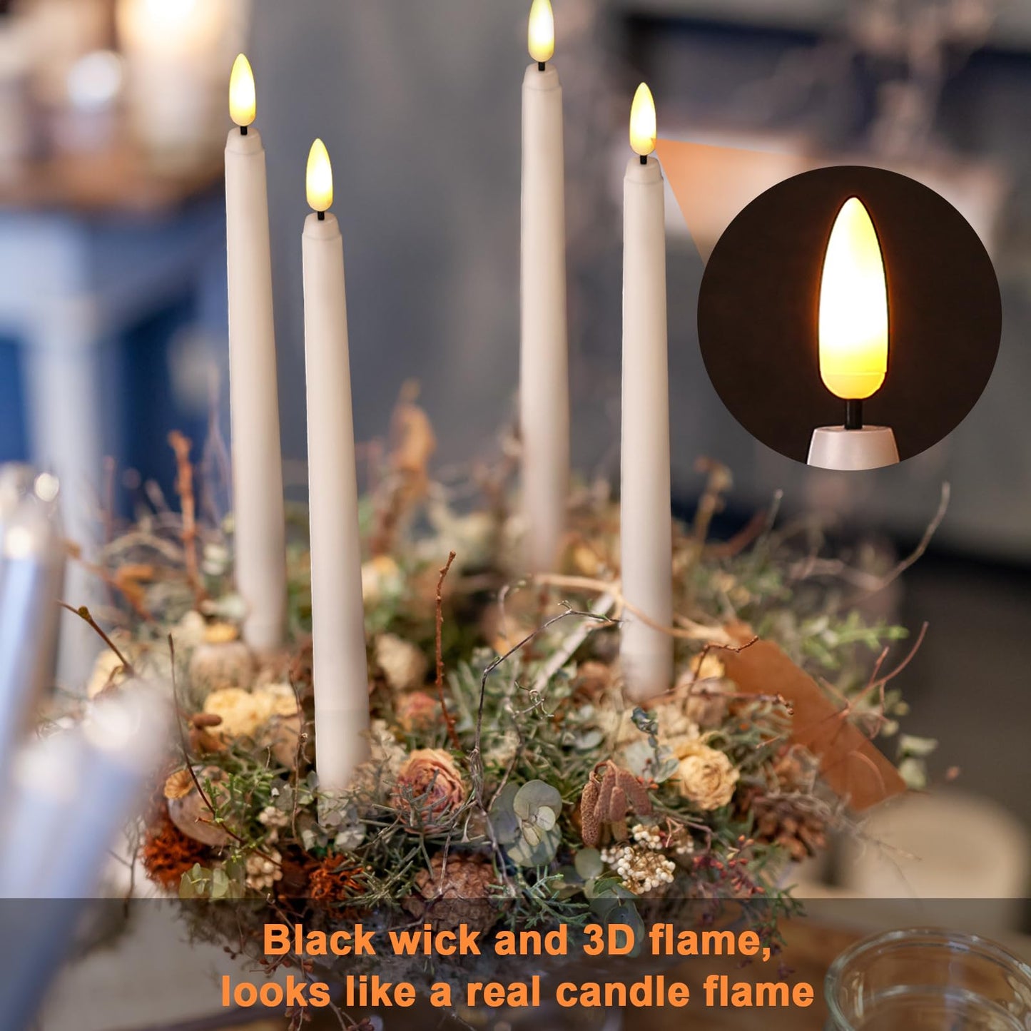 IMAGE Flameless Taper Candles with Remote, 12 Pcs LED Candlesticks 3D Wick Ivory Taper with Timer Flickering Function for Home, Wedding, Birthday Halloween Christmas (Battery Powered)