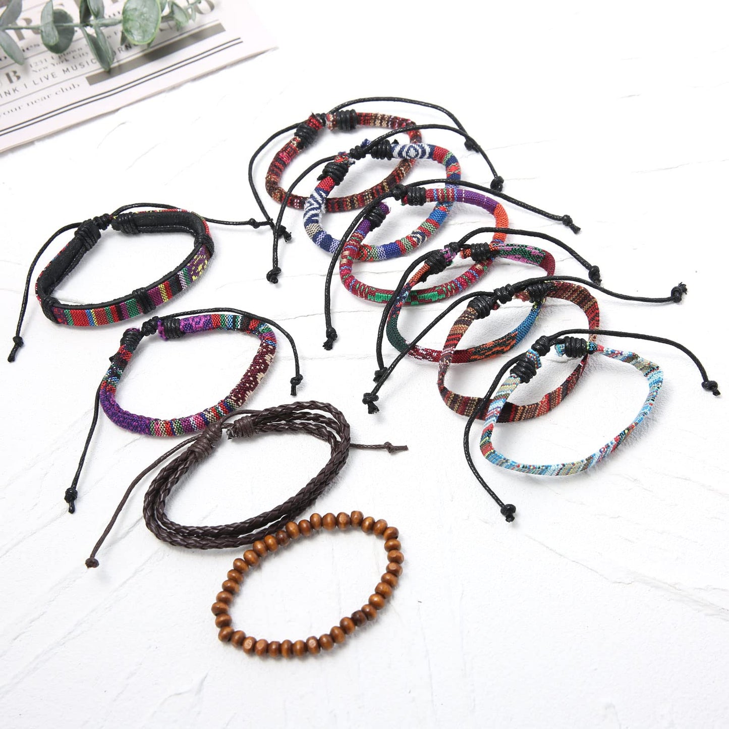 HZMAN 2Pcs Handmade Braided Leather Bracelet for Men Women Bohemian Ethnic Tribal Multilayer Hemp Rope Wristbands Wrap Cuff Bracelet
