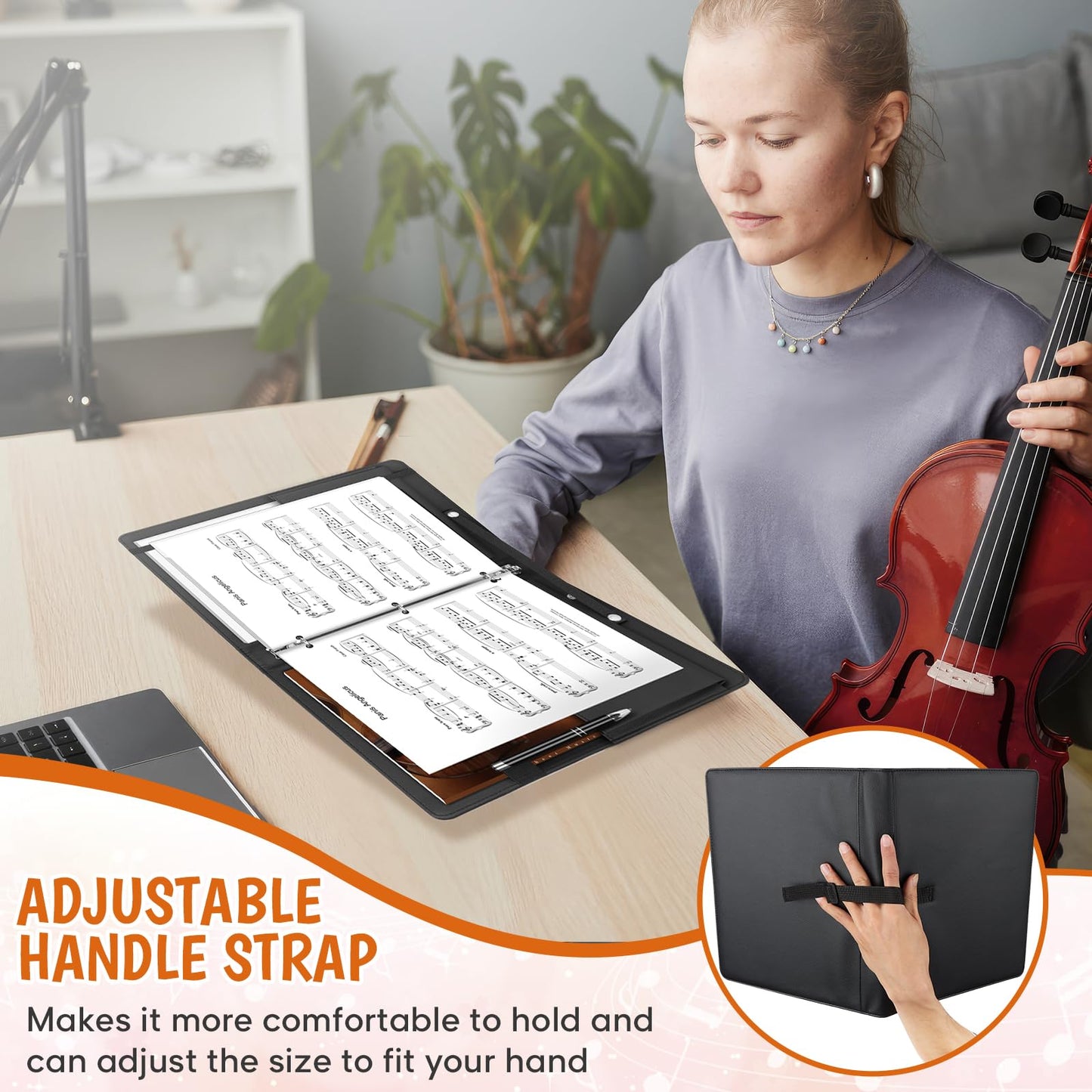 YOTINO Sheet Music Folder, 3 Ring Choral Muisc Folder,13"x10.2" PU Leather Music Binder Black with Elastic Band and Handle Fits Letter Size 8.5 x 11 inch