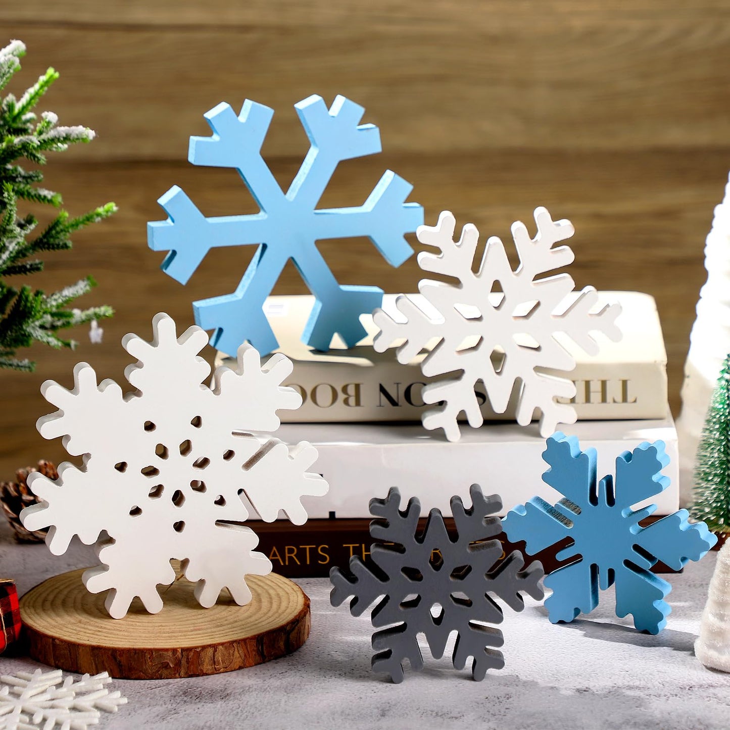 Kajaia 9 Pcs Winter Wooden Snowflake Decor Winter Wood Snowflake Block White Gray Blue Snowflakes Decorations Table Decor Christmas Standing Sign for Xmas Fireplace Mantel Home