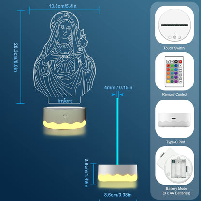 Attivolife Virgin Mary Gifts, 3D Our Lady Night Light Illusion Hologram Lamp 16 Color Changing with Remote Control + Timer LED Best Christian Birthday Gift for Religious Women Men