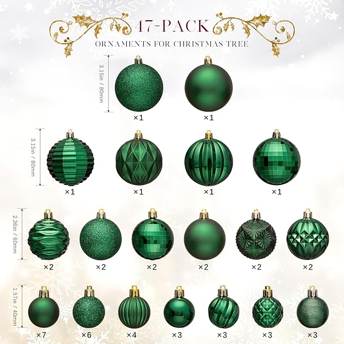 JORNOY Christmas Tree Ornaments Set, 47 Pack Assorted Shatterproof Hanging Balls Decorations, Plastic Bulbs Bulk with Lanyard for Home Holiday Party Decor, 3-Sizes (Dark Green)