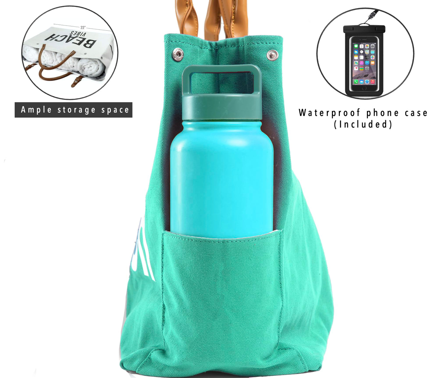 Keho Women's Fashion Trendy Beach Bag – Vegan Leather Handles, Pockets, & Waterproof/Sandproof Design - (Green)