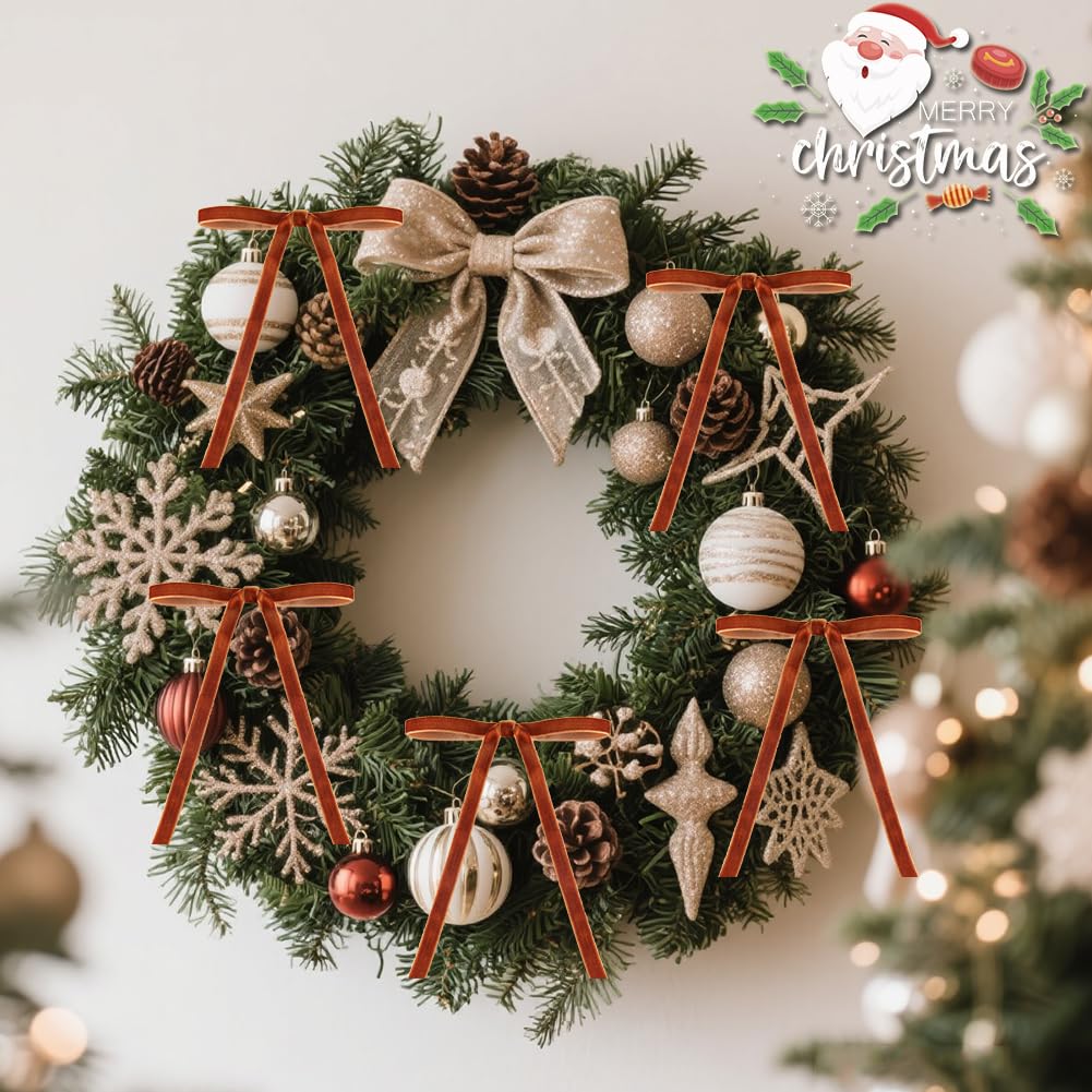 26 Pcs Velvet Christmas Tree Bows Ornaments, 5x7 Inch, 3/8" Wide, Craft Ribbon Bows for Garland Wreath Indoor Outdoor Xmas Decorations, Camel