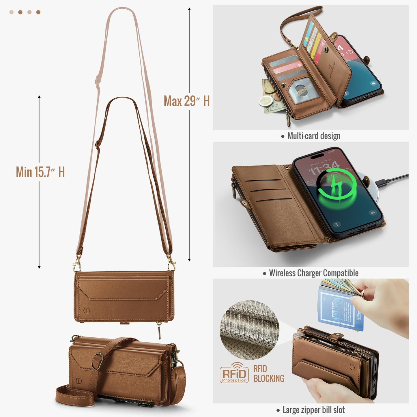 Strapurs Wallet Case Compatible with iPhone 16 Pro Max 6.9" RFID Blocking 10-Card Holder Soft PU Leather Magnetic Snap Shoulder Strap Zipper Pocket Phone Case Fit for iPhone 16 Pro Max - Brown