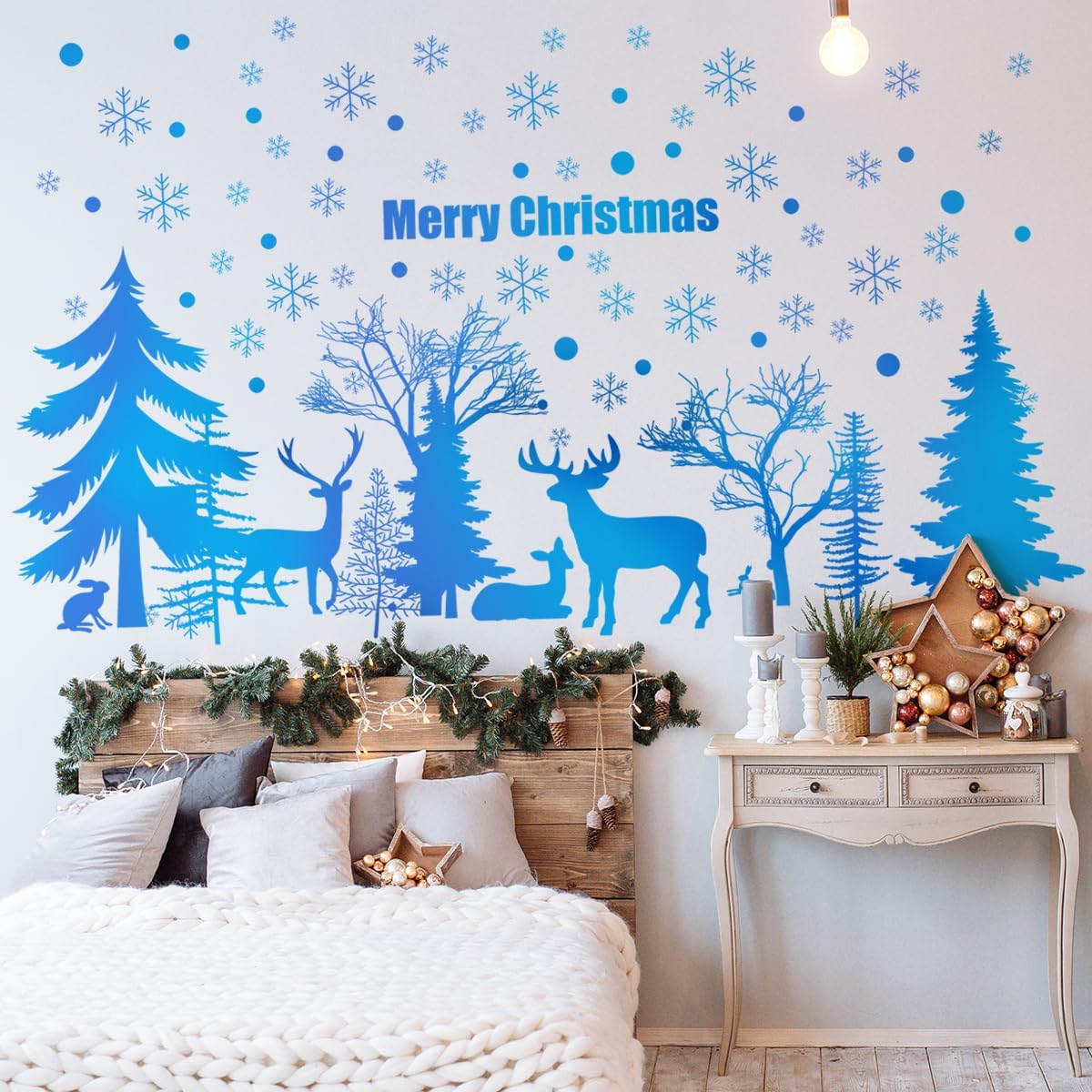 52.87x30.07 Inch Blue Merry Christmas Tree Deer Snowflake Wall Sticker - Removable Forest Animals Art Wall Sticker for Christmas Party Supplies Home Decor
