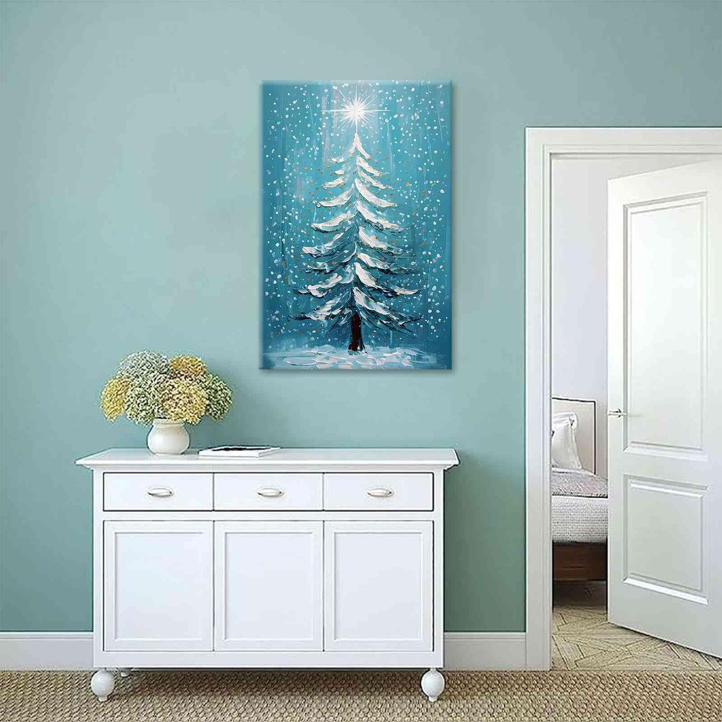 Framed Canvas Wall Art Blue Christmas Tree Print Merry Christmas Wall Decor Holiday Nature Gift Holiday Poster 8x12in Wood Framed