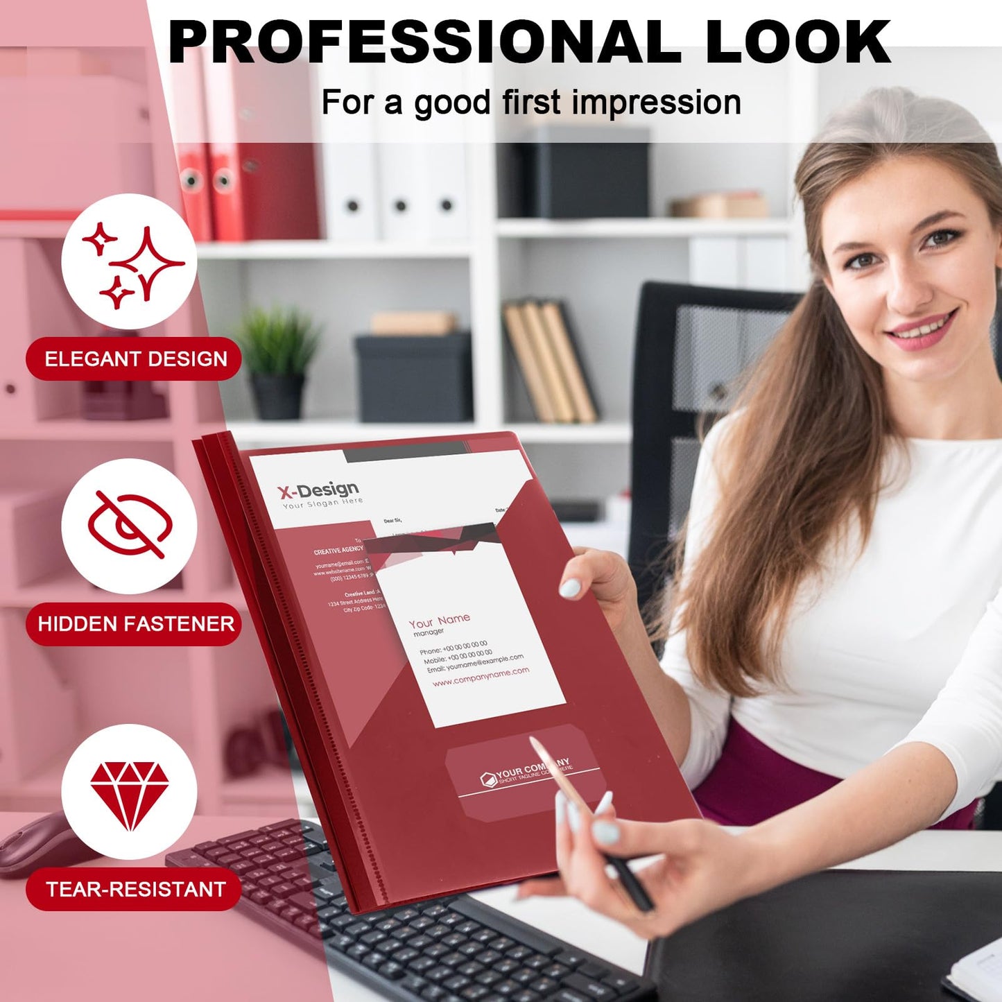 Teling 24 Pcs Clear Front Report Covers with 3 Prongs, Suit for A4/8.5'' x 11'' Letter Size Paper, Plastic Dark Red Presentation Folders Bulk, 90 Sheet Capacity, for School Business