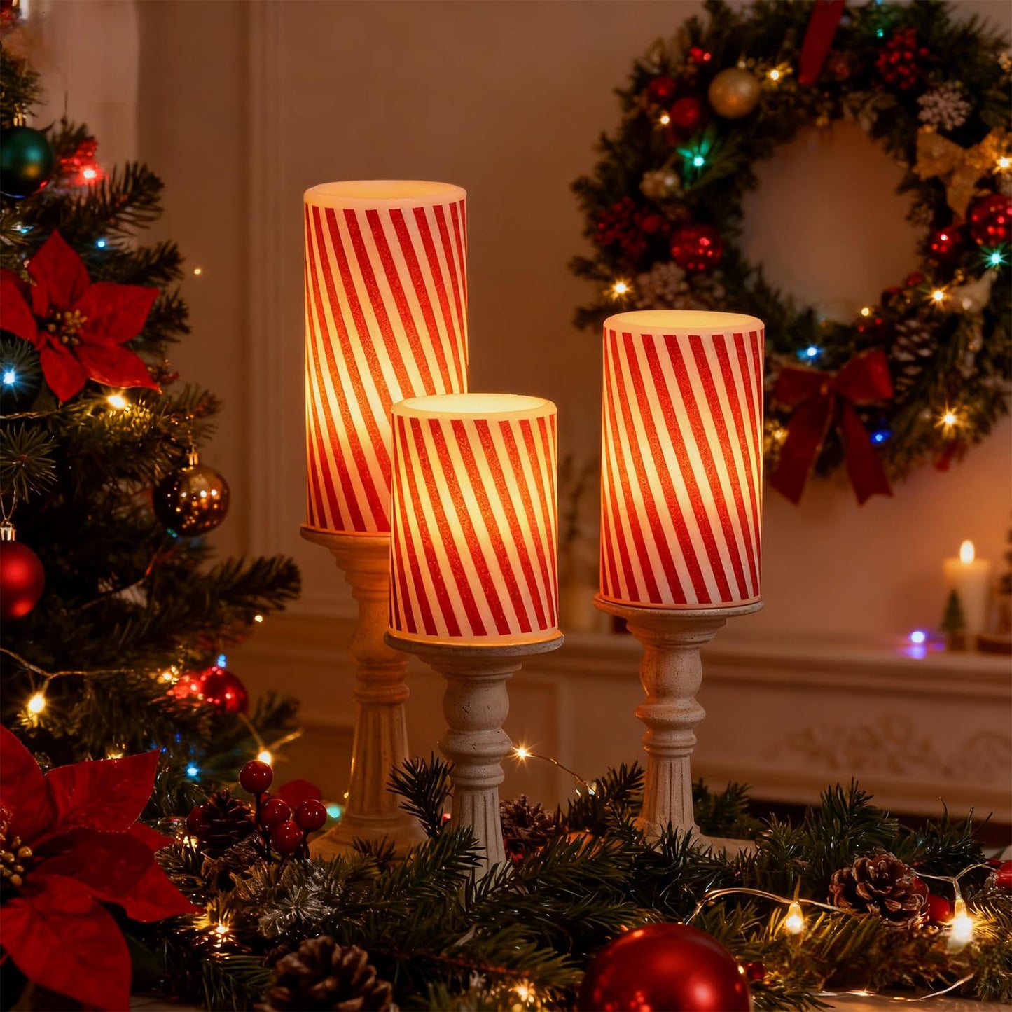 Wondise Christmas Red Stripes Glitter Flickering Flameless Candles with 6H Timer, Battery Operated Pillar Candles, Real Wax LED Candles for Home Christmas Decoration Gift(D3 x H4 x5 x6)