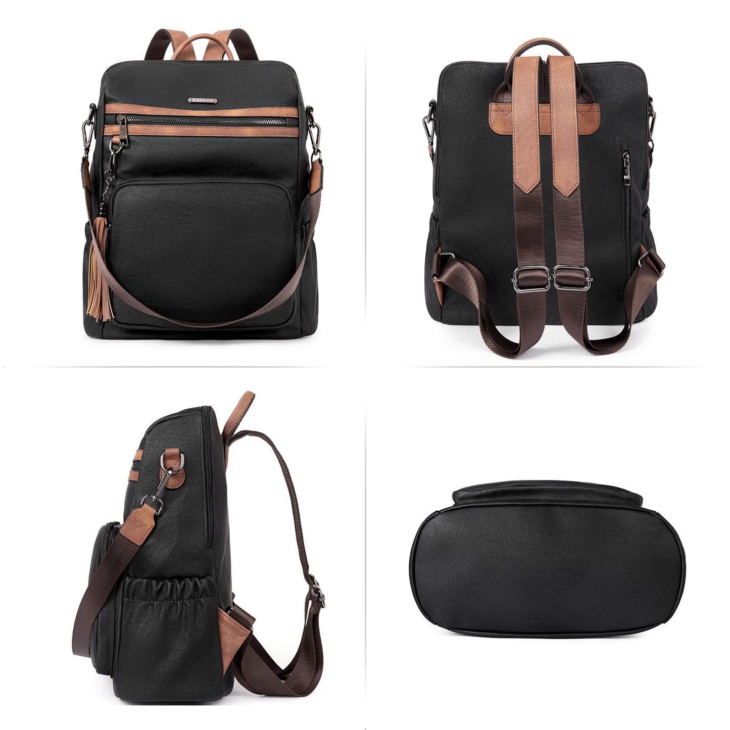 CLUCI Backpack Purse for Women Fashion Leather Designer Travel Large Ladies Shoulder Bags with Tassel Oil Wax Black