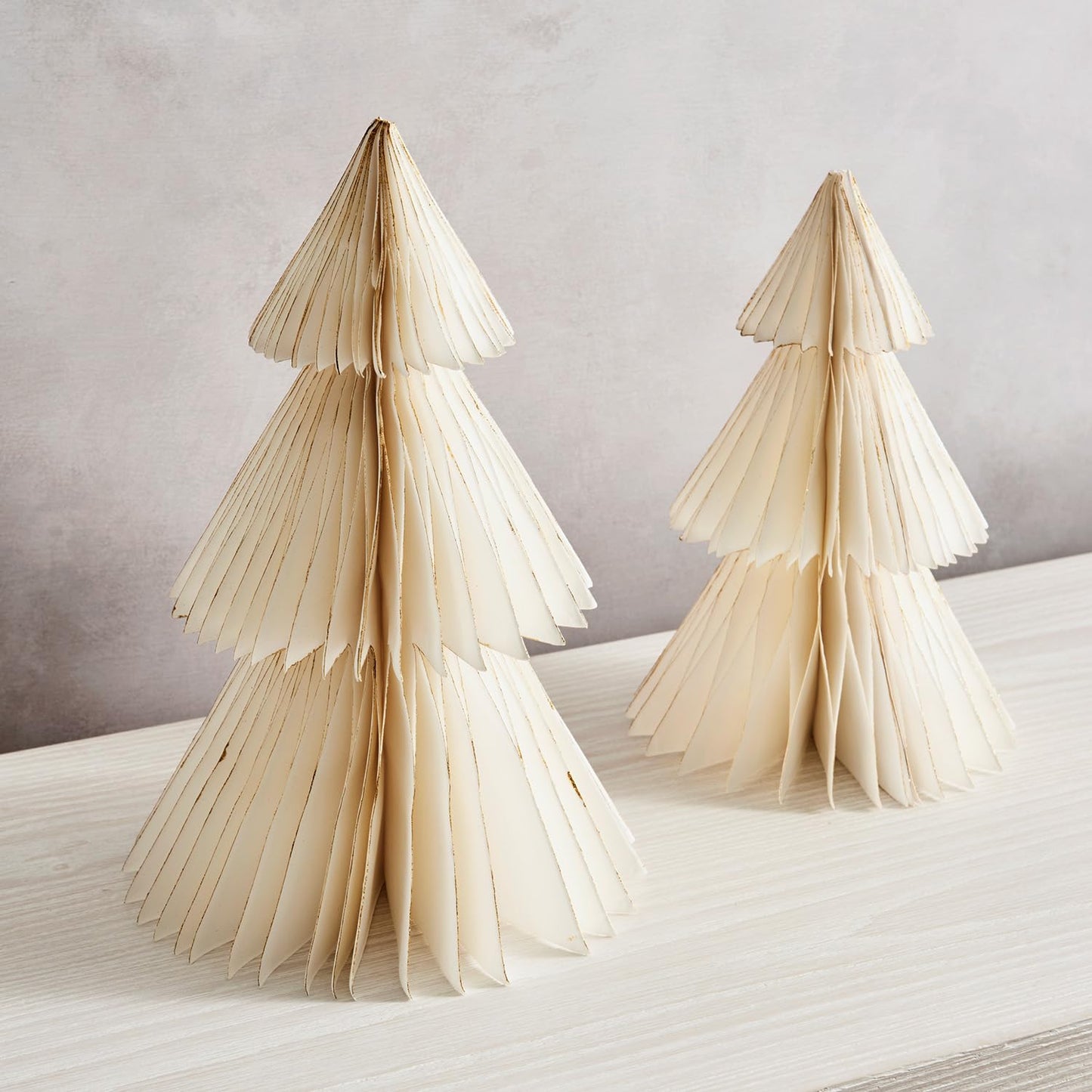 LampLust Paper Tree Decor, 2 Pack Honeycomb Paper Trees, 10 & 12 Inch, White & Gold Glitter Edge, Christmas Table Decor, Holiday Table Centerpieces, Christmas Decorations