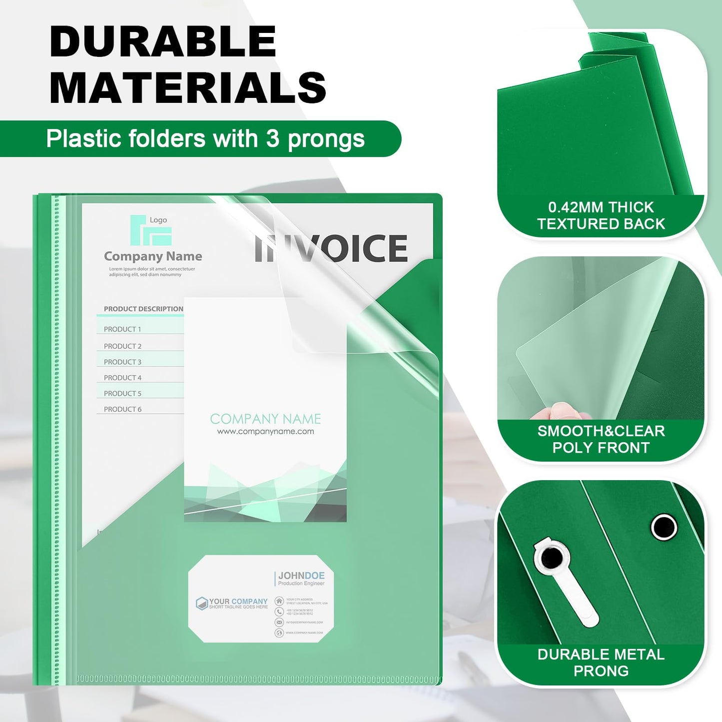 Teling 24 Pcs Clear Front Report Covers with 3 Prongs, Suit for A4/8.5'' x 11'' Letter Size Paper, Plastic Green Presentation Folders Bulk, 90 Sheet Capacity, for School Business