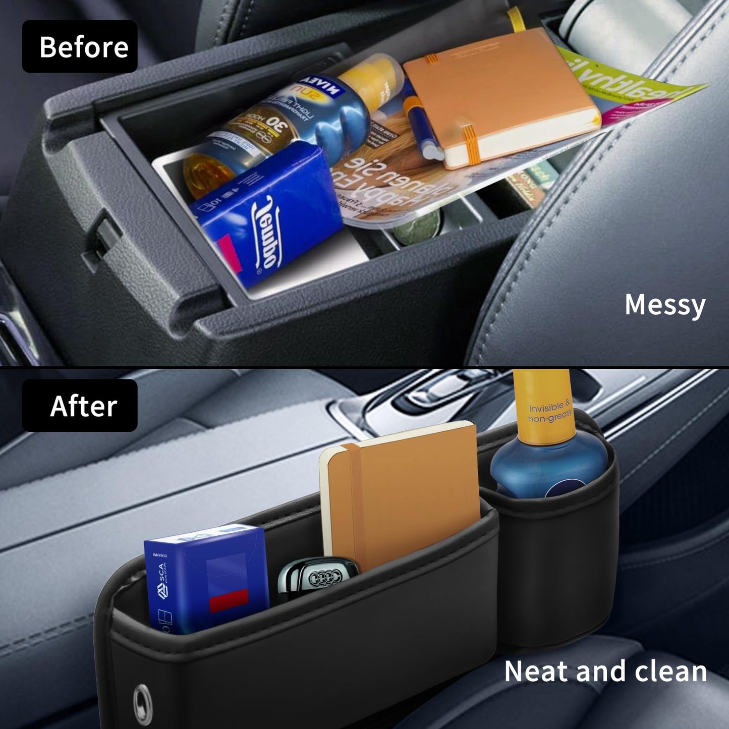 Car Leather Cup Holder Gap Bag 2-Piece Car Seat Gap Filler with Cup Holders for Cups Glasses Keycard (Main and Passenger) (Classic Black)