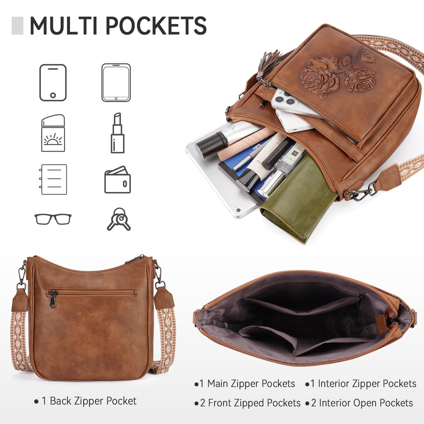 VIMUTI Crossbody Bags for Women Trendy Vegan Leather Hobo Purses for Women Embossed Flower Shoulder Handbags Bucket Bag (02-Brown)
