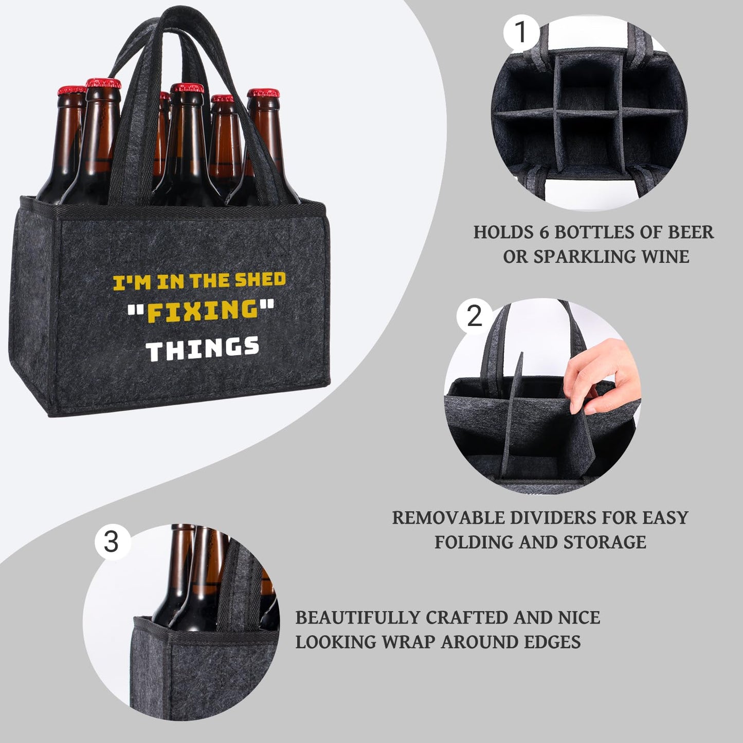 Felt Bottle Carrier for Men, Funny Garage Man Cave Gift, Birthday Gift for Dad, Husband, Boyfriend, Beer Lover, Backyard BBQ & Party Drink Carrier, 6-Bottle Beer Tote with Handle