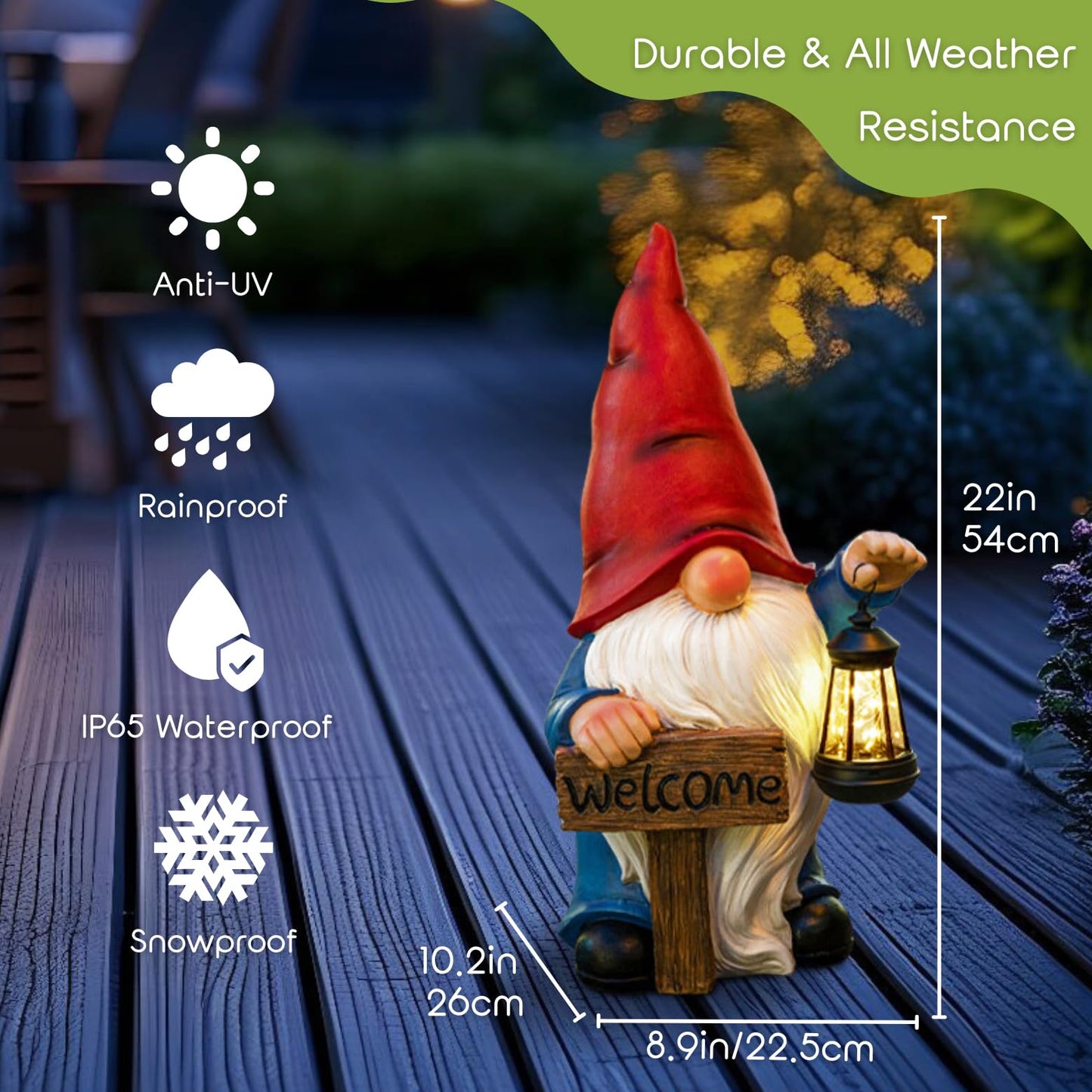 WONDHOME 22" Solar Large Gnome Garden Statue Big Gnome with Welcome Sign Outdoor Decor with LED Lantern Home Porch Yard Patio Lawn Ornament Christmas Housewarming Gardening Gift