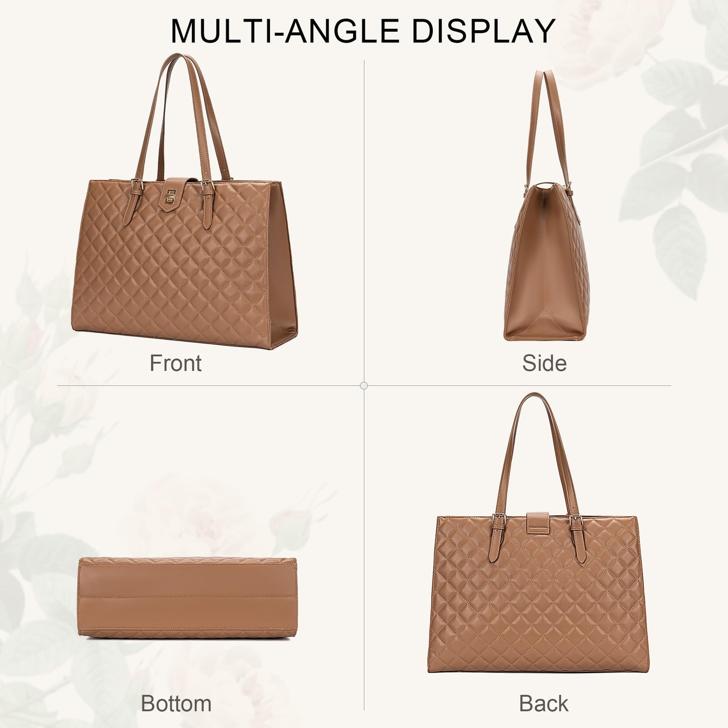 BAGOK Quilted Laptop Tote Bag for Women, Large Capacity Work Tote with Laptop Compartment & Multi Pockets, Fits 13-14" Laptop, Nurse & Teacher Work Bag for Office, Business & Daily Use（Brown）
