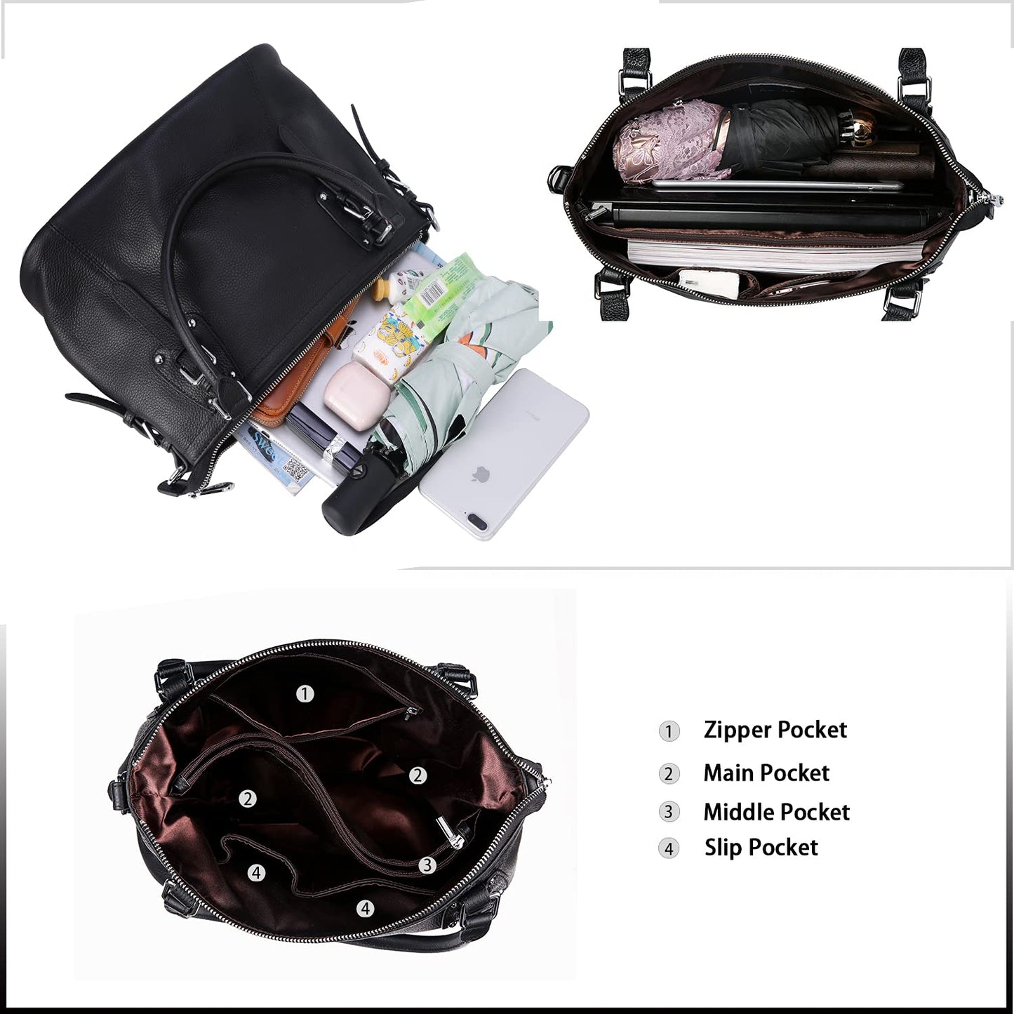 HESHE Genuine Leather Purses and Handbags for Women Tote Shoulder Bag Satchel Purse Top Handle Bags Hobo Crossbody Purse (Large,Black)