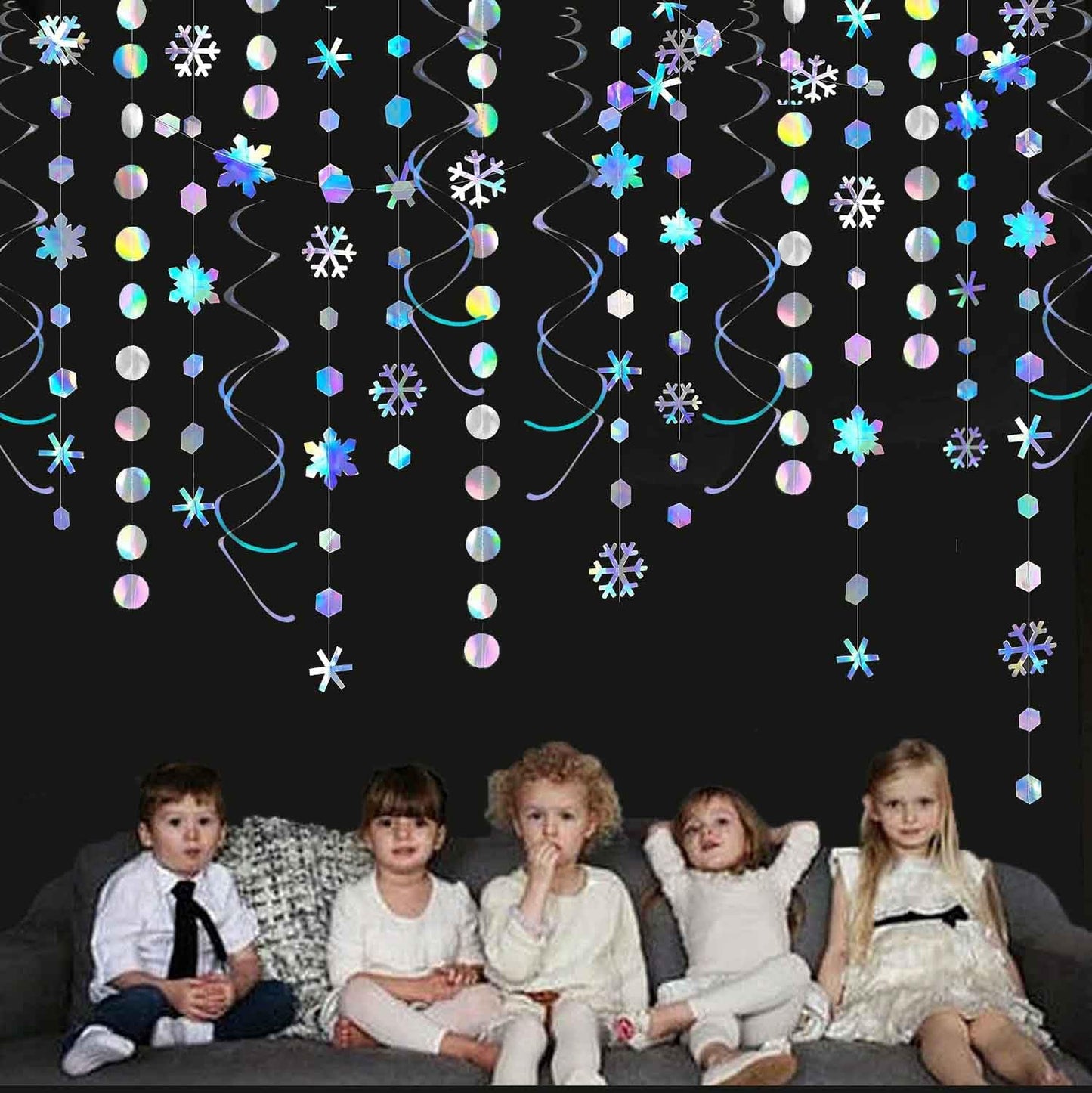 Winter Wonderland Party Decoration Iridescent Snowflake Circle Dots Garland Iridescent White Hanging Swirls Holographic Paper Set for Onederland Christmas Frozen Birthday Wedding Bridal Party Supplies