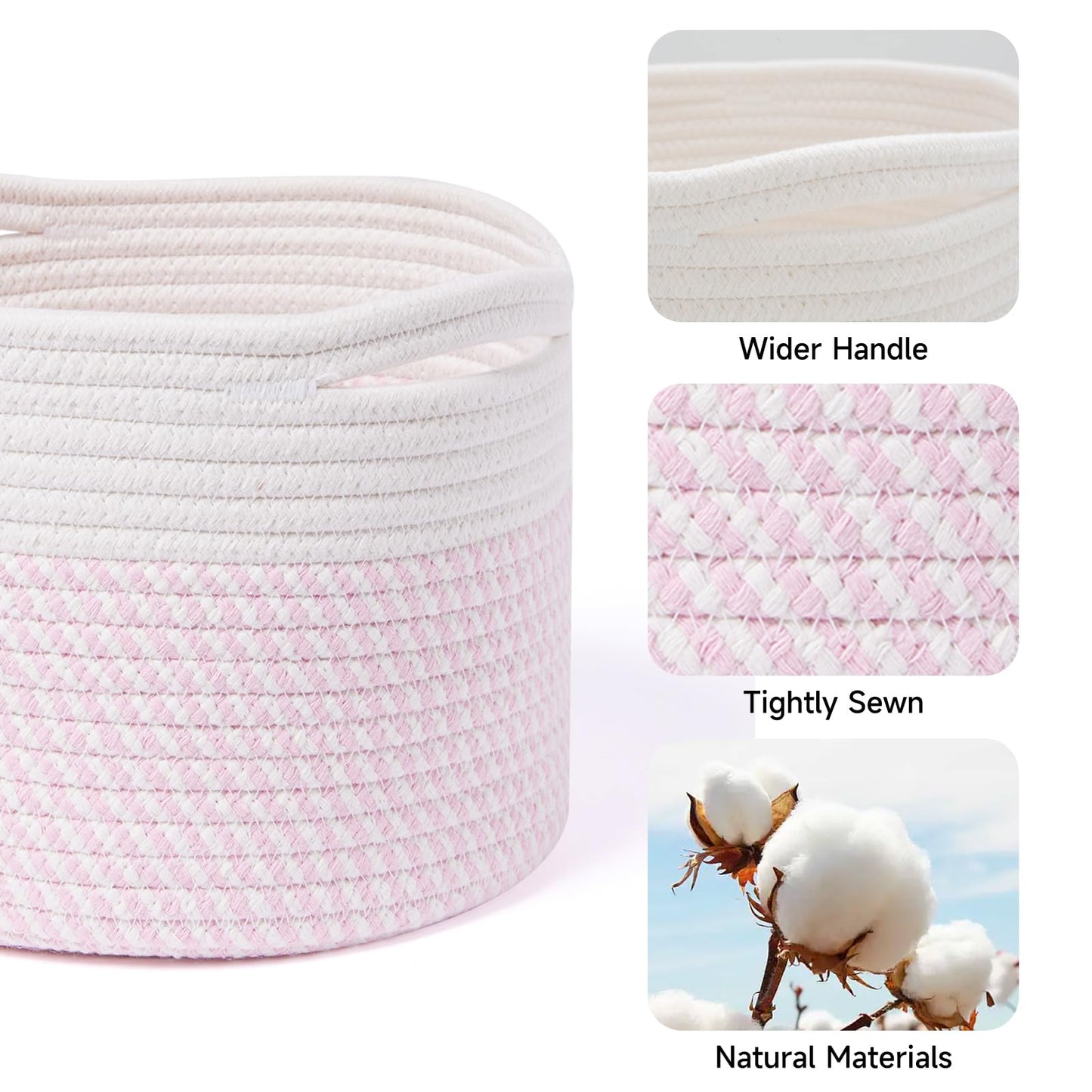 MiniArk Small Basket for Organizing | Cube Shelf Closet Storage Baskets | 9.7×9.7×7.1” | Woven Rope Gift Basket | Nursery | Round 3 Packs Pink