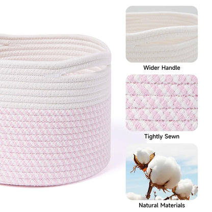 MiniArk Small Basket for Organizing | Cube Shelf Closet Storage Baskets | 9.7×9.7×7.1” | Woven Rope Gift Basket | Nursery | Round 3 Packs Pink