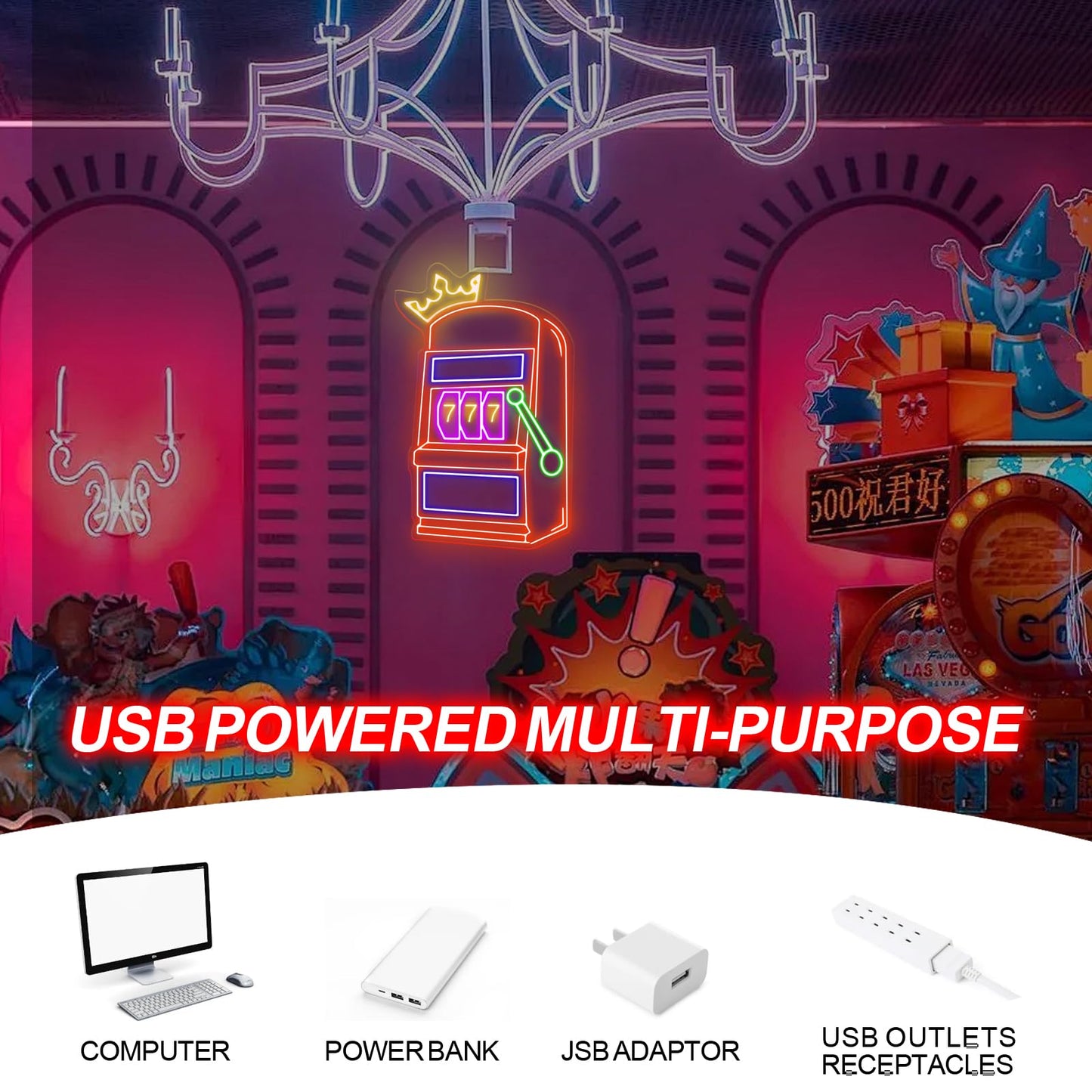 Slot Machine Neon Sign, Slot Machine Led Light, Game Icons For Casino, Playing Cards Aces, Poker Club And Casino Decor Gift For Gamer, Teen Boy Room Decor, Bar Decoration