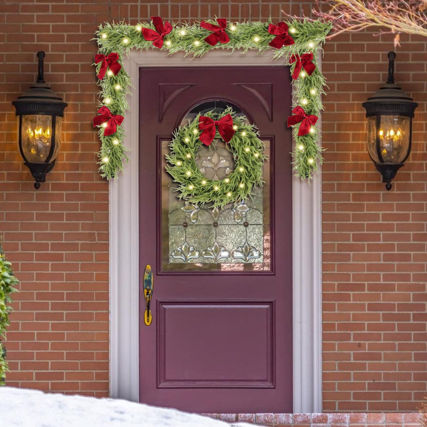 HipTree 9ft Christmas Garland with Lights,Lighted Norfolk Pine Garland for Mantle,Prelit Real Touch Artificial Greenery Christmas Winter Garland with Large Burgundy Velvet Bow for Indoor Outdoor Decor