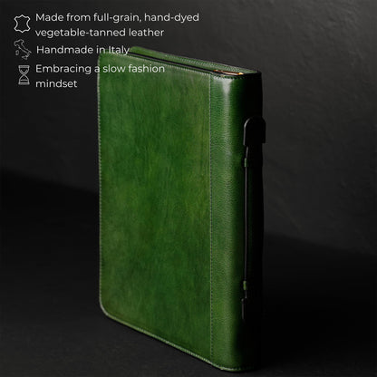 Time Resistance Leather Portfolio – Document Bag with Carry Handle – Tablet Size Case Made in Italy (Green)