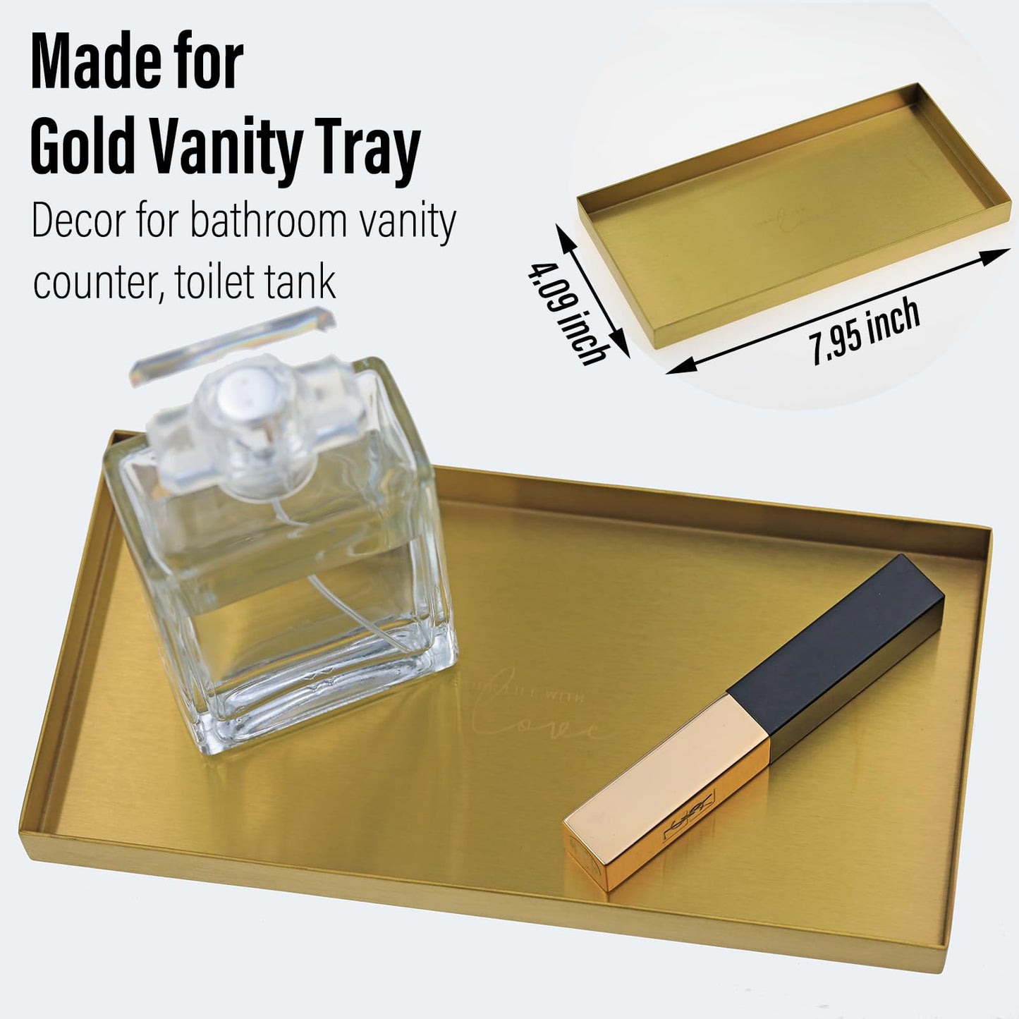 Freelove Sanding Gold Metal Vanity Tray Lettering, Perfume Organizer Jewelry Holder Makeup Dish Catchall Candle Plate Decorative for Dresser Counter Bathroom Desk Home Preppy Room Decor, 4''X8''