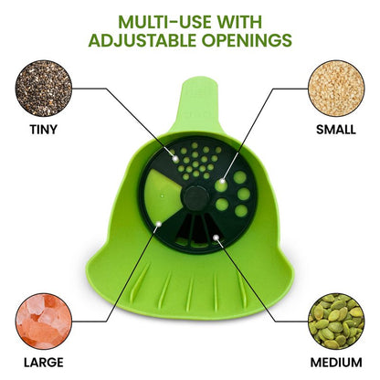 Garden Guru Handheld Seed Spreader Shaker – Multi Use Grass Seed, Fertilizer, Salt, Ice & Snow Melt Spreader – Adjustable Twist Cap w Multiple Size Openings – Lightweight 1L Capacity Hand Seeder