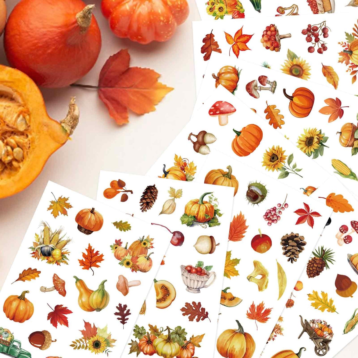 32 Sheets Fall Theme Sticker, Pumpkin Stickers, Hello Autumn Sticker, Thanksgiving Stickers for Kids, Fall Harvest Food Pumpkin Maple Leaves, Thanksgiving Party Favors Supplies
