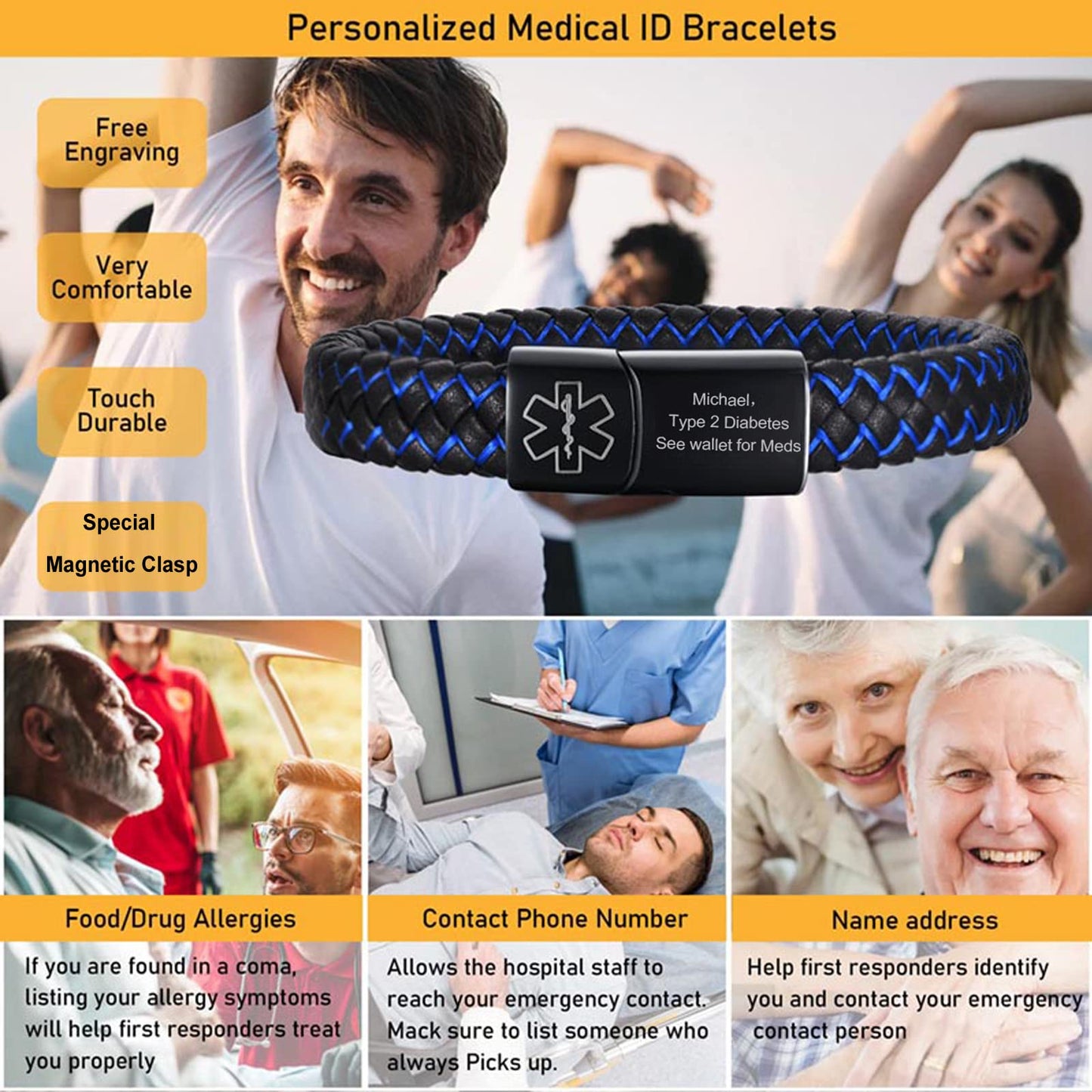 VNOX Blue TYPE 2 DIABETES Braided Leather Medical Symbol Caduceus with Stainless Steel Cuff Wristband Bracelet,8.5 Inches