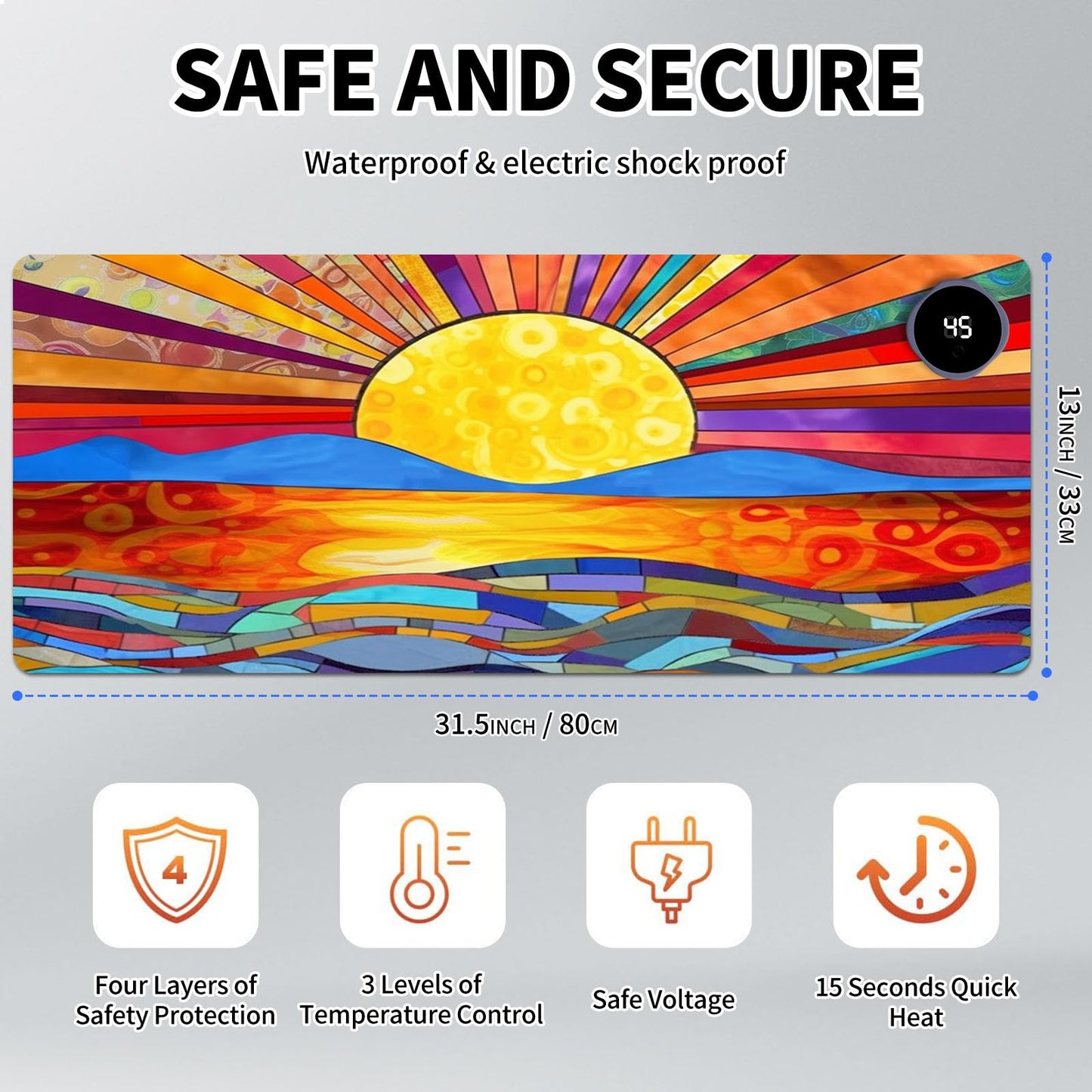 Heated Mouse Pad Hand Warmer, Warm Desk Pad Mousepad Desk Mat with 3 Levels Heating and 3 Hours Auto Shut Down 31.5 x 13 inch PU Leather Warmer Keyboard Mat for Gaming Laptop Office Home, A Art Sun